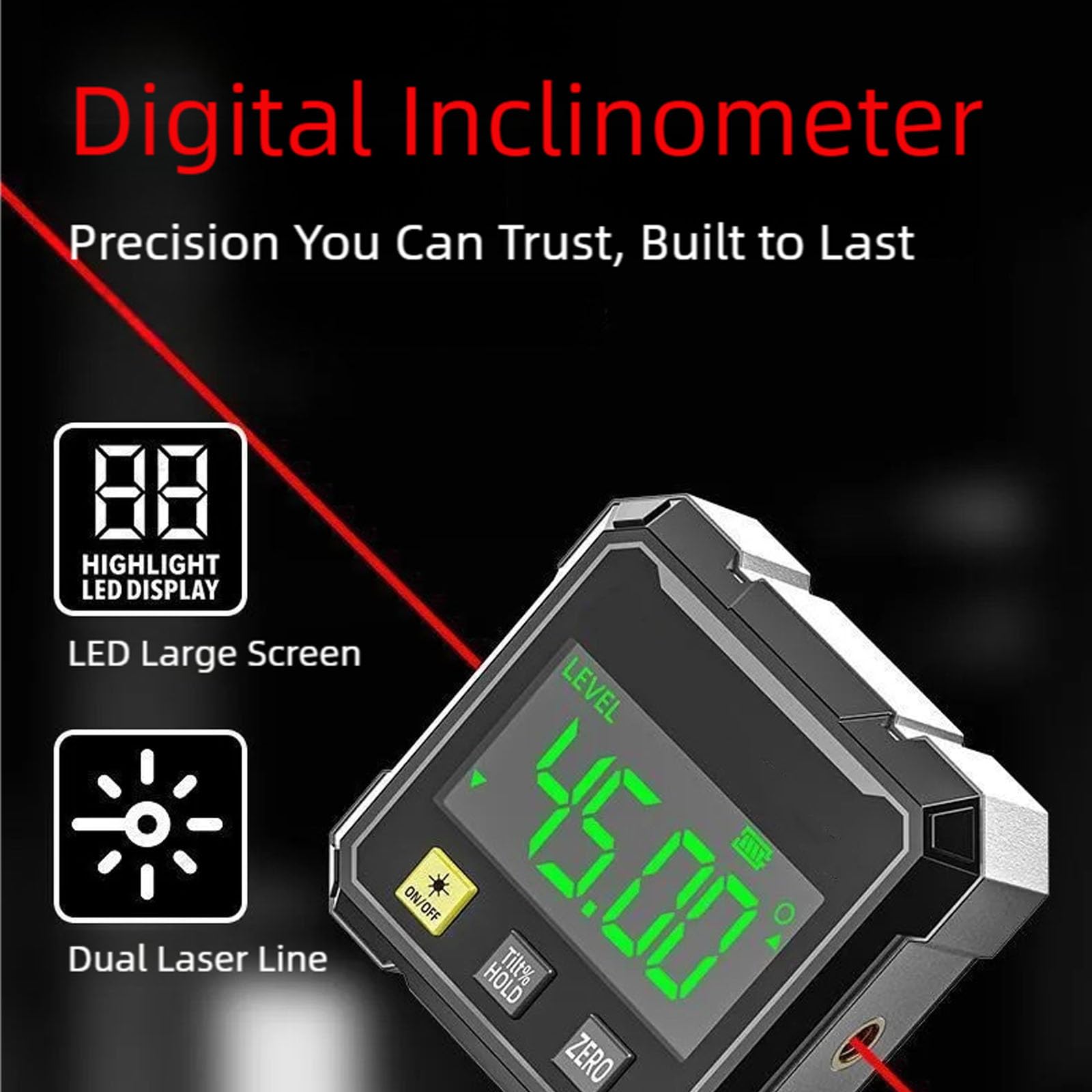 Inclinometro digitale ad alta precisione con display a LED e lati per una misurazione accurata degli angoli di ricarica USB Misuratore di angoli laser con magneti a quattro lati