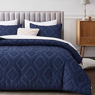 Boho King Comforter Set,Navy Blue Rhombus Tufted King Size Comforter Set with Corner Loops,3 Pieces Embroidery Shabby Chic Bedding Comforter Sets for All Seasons(Navy Blue,King)