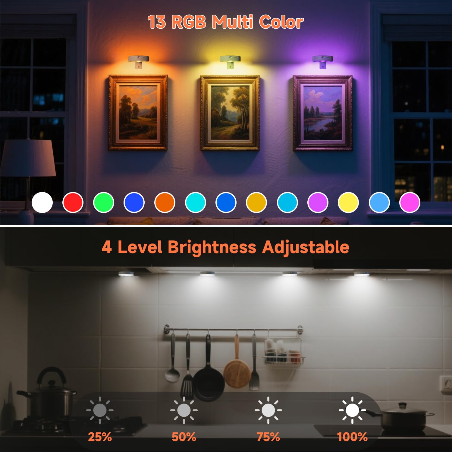 Lampe Tableau Sans Fil Rechargeable, Lot de 3 Appliques LED avec Télécommande, Éclairage Tableau 12 Couleurs, Spot à Piles USB pour Peintures, Cadres, Décorations Murales et Vitrines