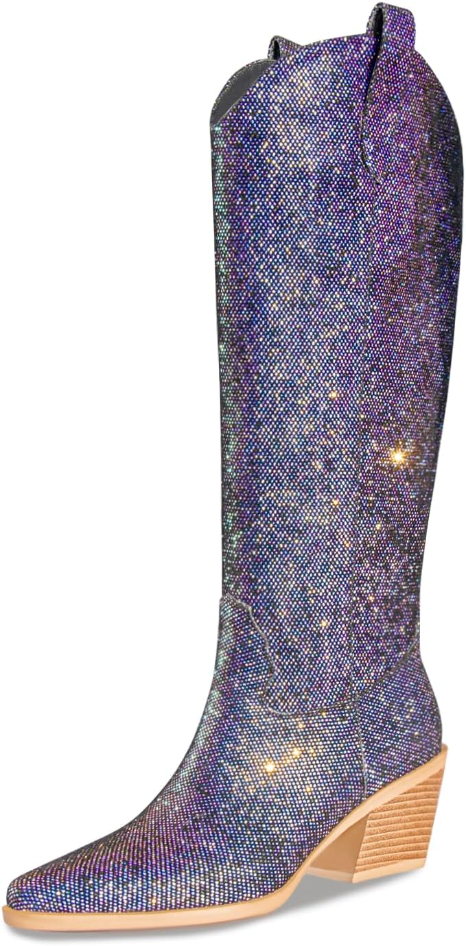 Sparkly Cowgirl Boots for Women Chunky Heel Pointed Toe Knee High Western Cowboy Boots Side Zipper Wedding Party Evening Glitter Dress Shoes - Image 4
