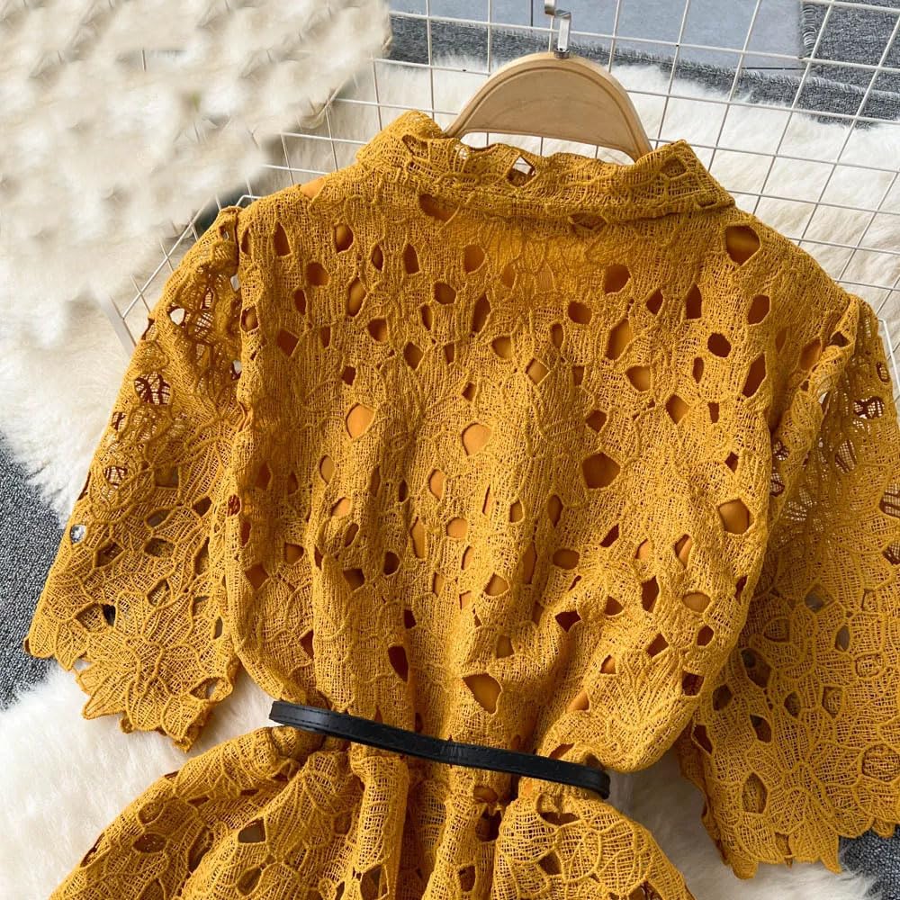 Conjunto de dos piezas de encaje con cuello con volantes y falda plisada midi para mujer