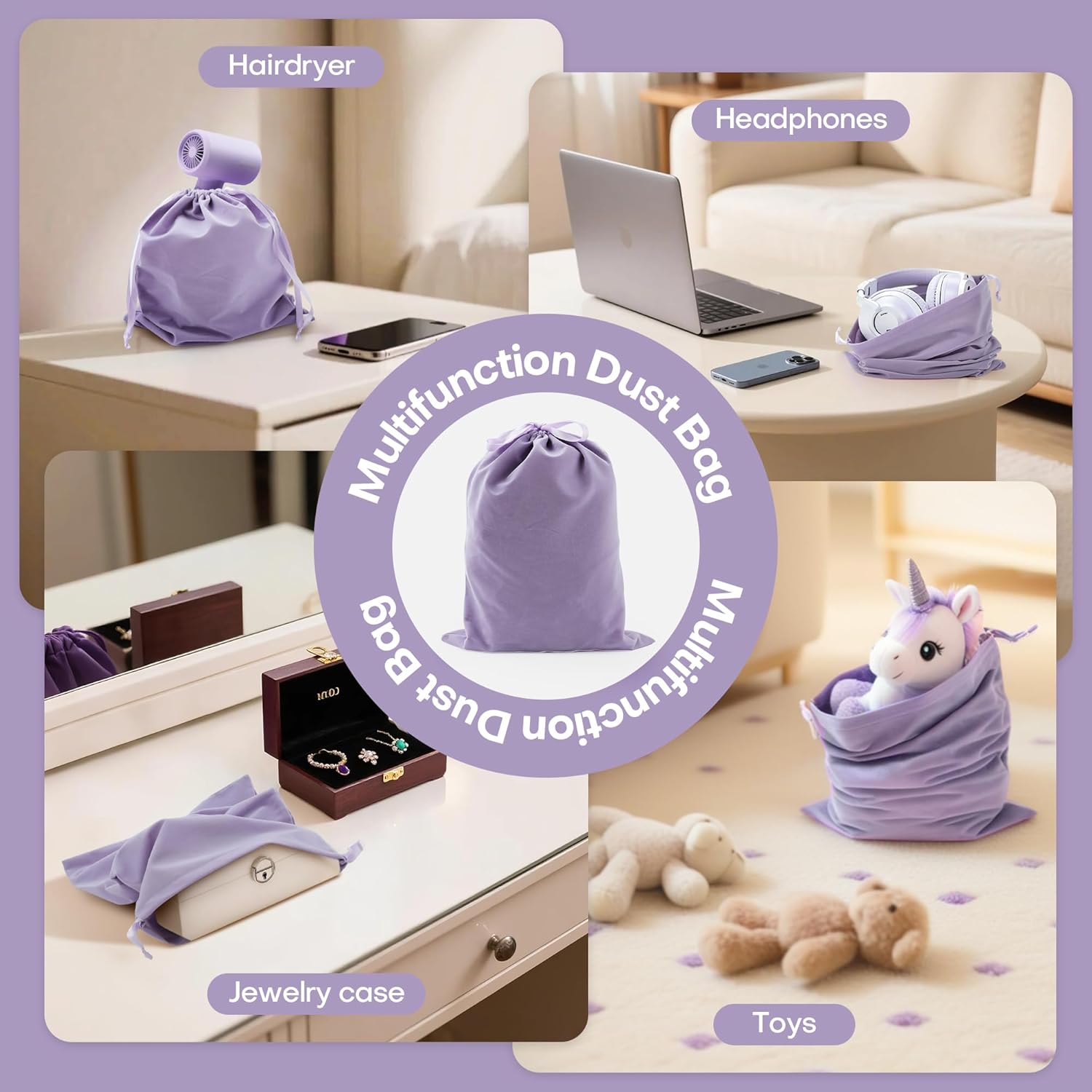 6 Pack Shoe Dust Bags, Velvet Drawstring Luxury Storage Bags for Shoes, Purses, Handbags & Cosmetics - Thick Dustproof Reusable Travel Organizer & Gift Pouch (Purple, 12 × 16 inches) - Image 3