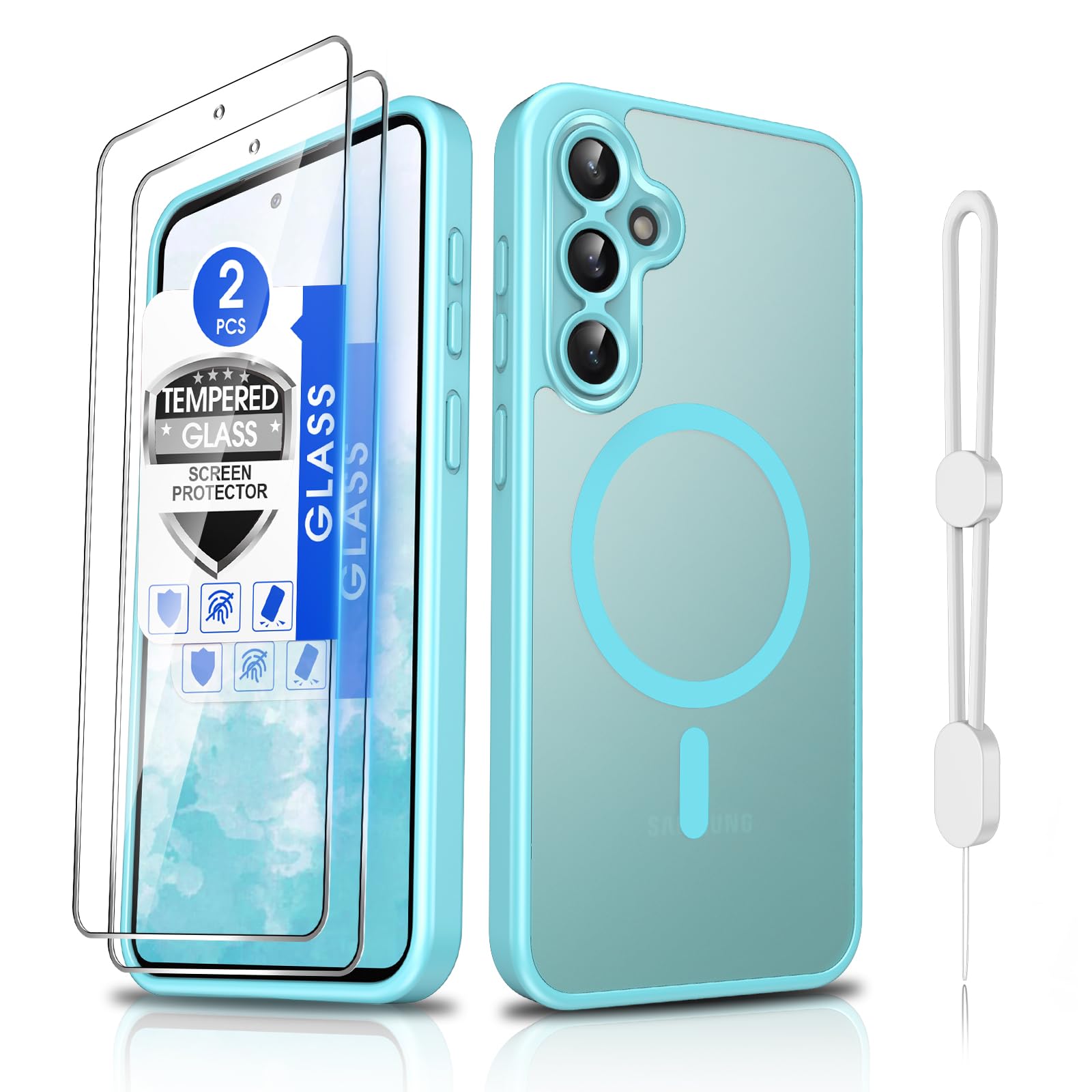Dizn Magnetic for Samsung Galaxy S23 FE Case,[Not Fit S23],with Tempered Glass Screen Protector,Strap,Compatible with MagSafe,Matte Translucent Cover &amp; Military Grade Shockproof Protective S 23FE,Teal