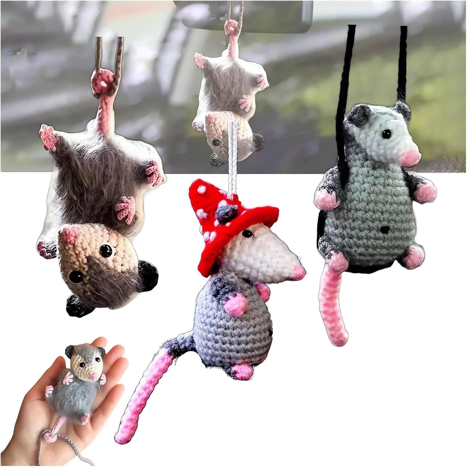 Possum Car Charm - 2024 New Opossum Gifts Rearview Mirror Accessory Swinging Car Ornament, Cute Car Mirror Aesthetic Decor Hanging Pendant Accessories Things, Cool Car Dashboard Decorations (3PCS)