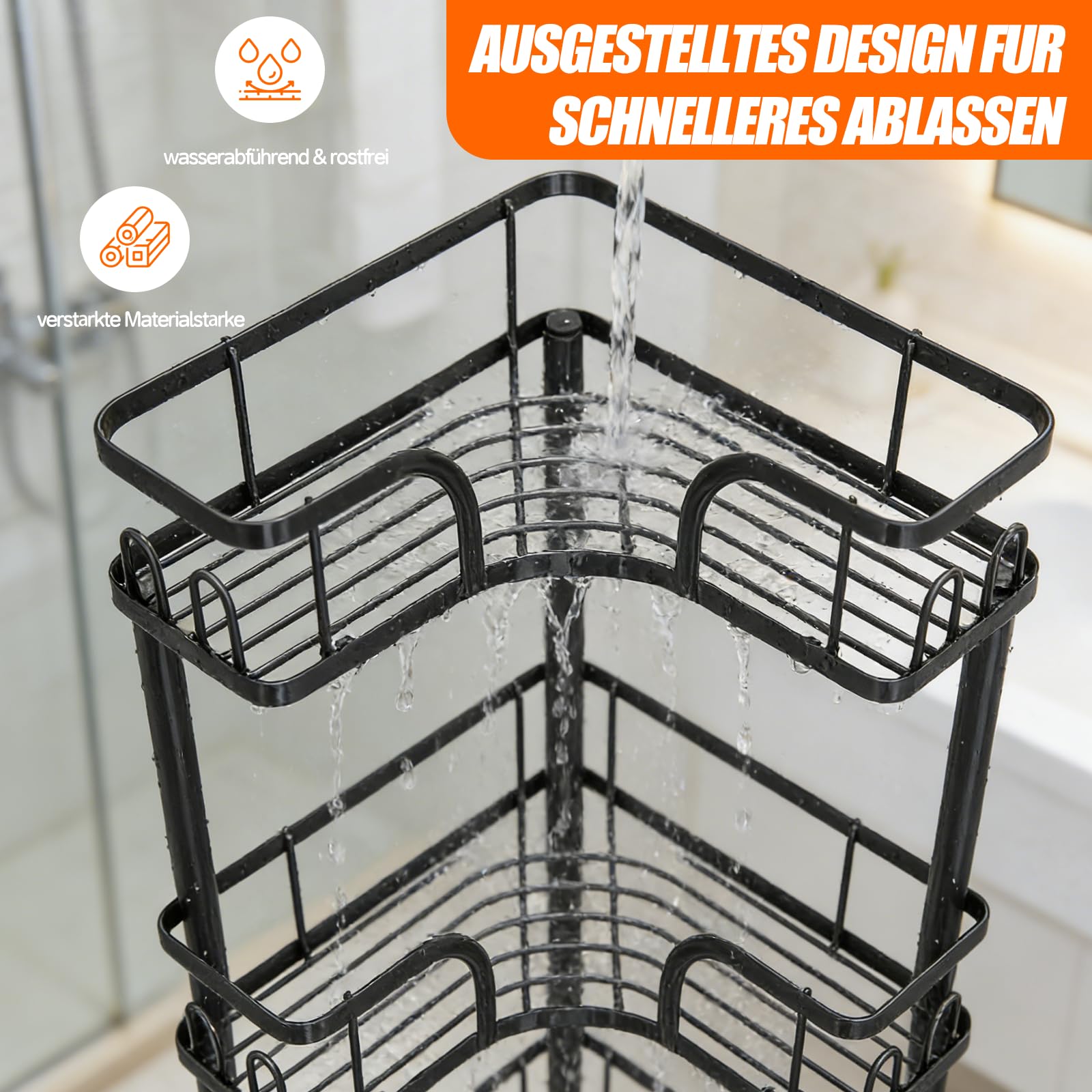 Teleskop Duschregal, 4-Tier Teleskopregal Bad Eckregal mit 16 Haken, Duschablage Ohne Bohren Höhe 107 cm, Schwarz Eckregal mit Verstellbare Fußpolster für Badezimmer