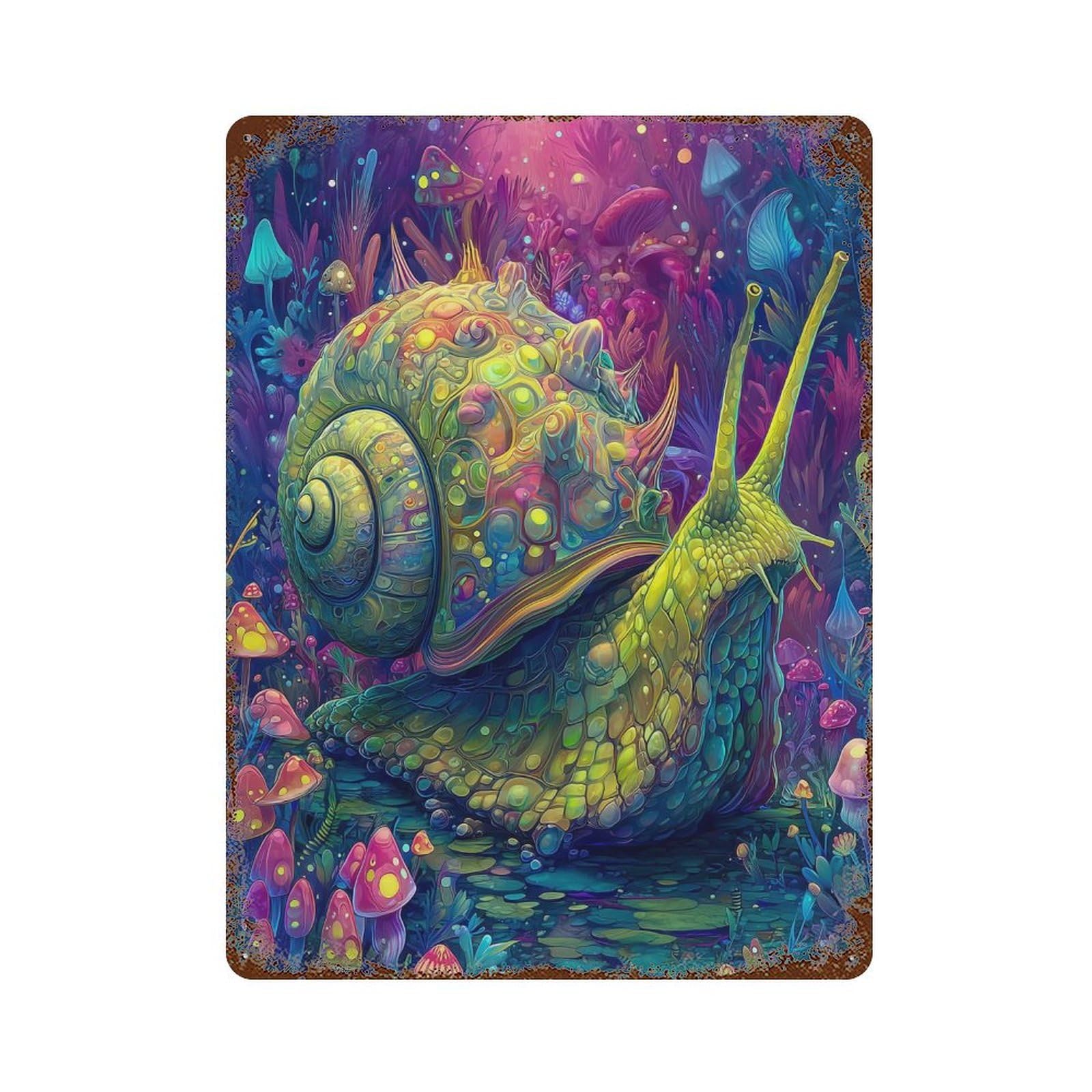 Colorful Fantasy Snail Artwork 15.7"x11.8" Vintage Rust Metal Sign, Classic Wall Plaque for Pub, Kitchen And Man Cave Decor