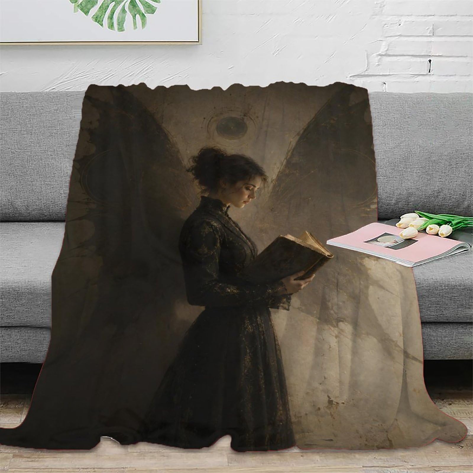 W7C8U2X3 Woman Reading Wing Shadow Blanket, Flannel, Sofa, Book Lover Print