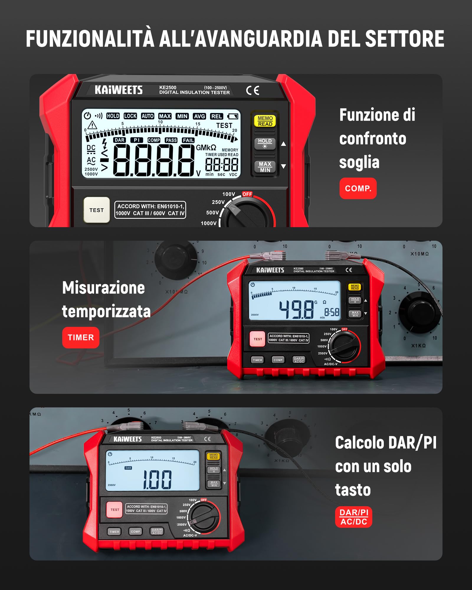 KAIWEETS Tester di Resistenza di Isolamento, Fino a 200 GΩ, Megohmmetro Professionale, 5 Gamme 100 V/250 V/500 V/1000 V/2500 V, DAR/PI One-Toch, Max/Min, Misura Resistenza, Tensione CA/CC
