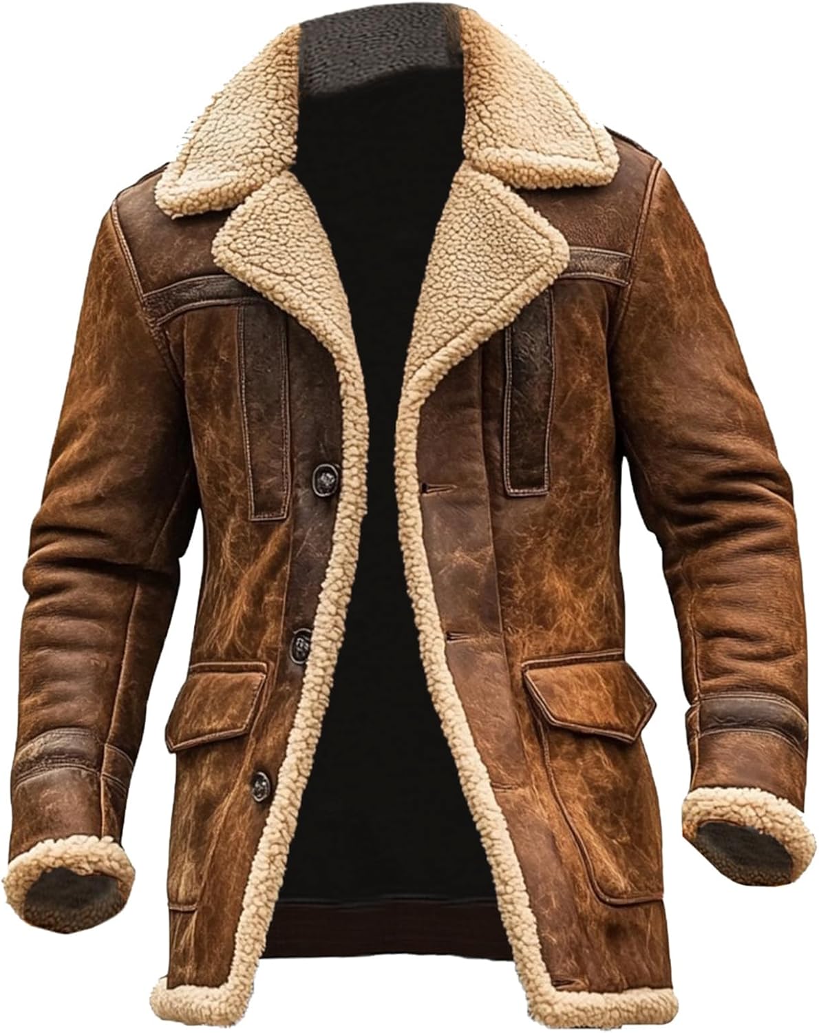 Men's Vintage Suede Leather Faux Fur Jacket Shearling Coat Winter Trench Coat Western Cowboy Motorcycle Thick Overcoat - Image 3