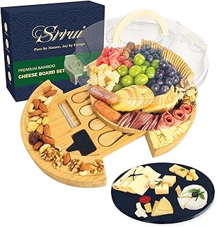 Charcuterie Board with Lid- Large Portable Bamboo Cheese Board Set,Travel Round Traywith Locking Lid for Picnic, Party Snacks, Wedding & Housewarming & Kitchen Gifts for Women