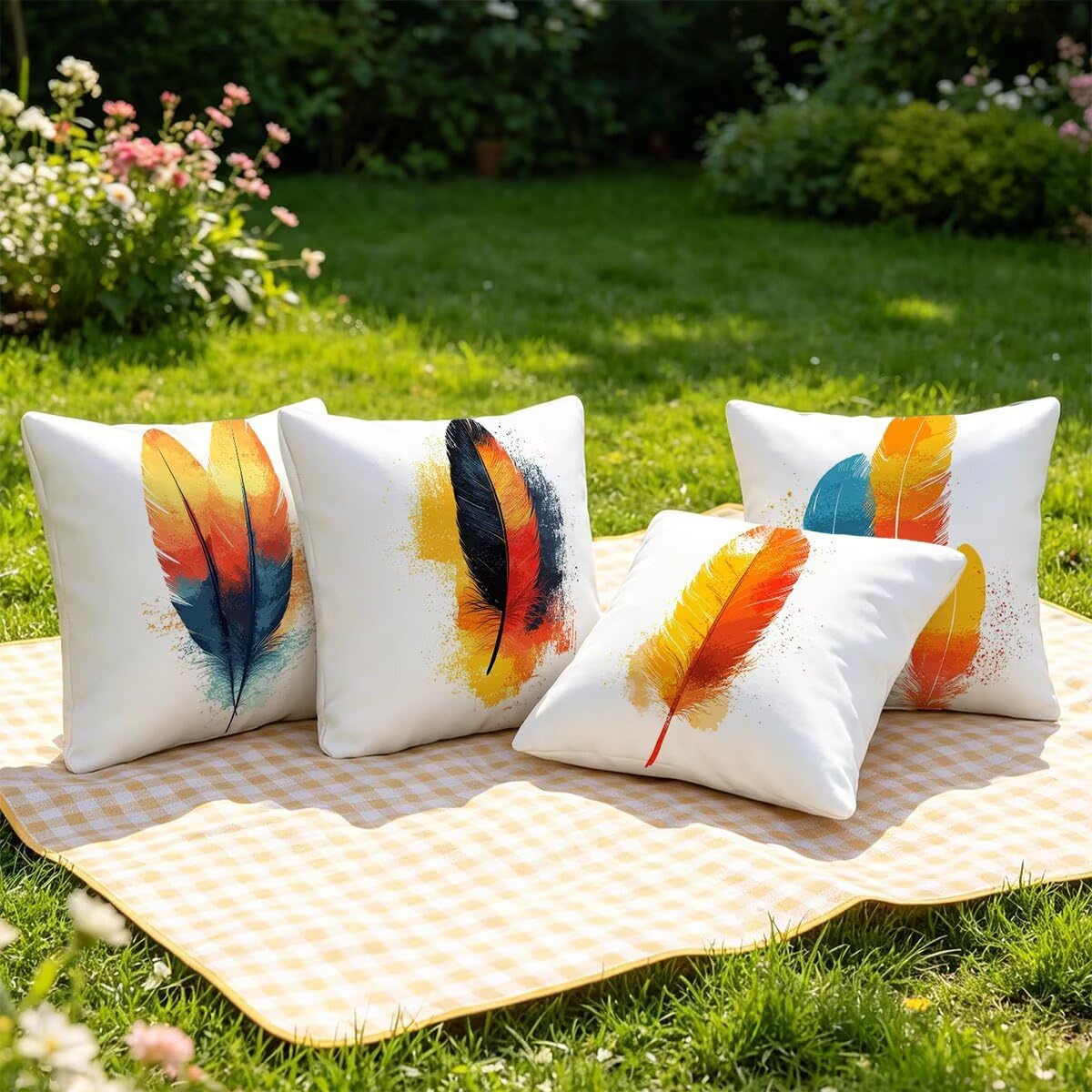 Federe Cuscino Divano 60x60 cm, Bianco Cuscini per Divano da Esterno Set da 4, Lino Copricuscini Divanos Impermeabile, Copri Cuscini Piuma Motivo Fronte Retro Stampato per Giardino, Sofá, Balcón, F-5