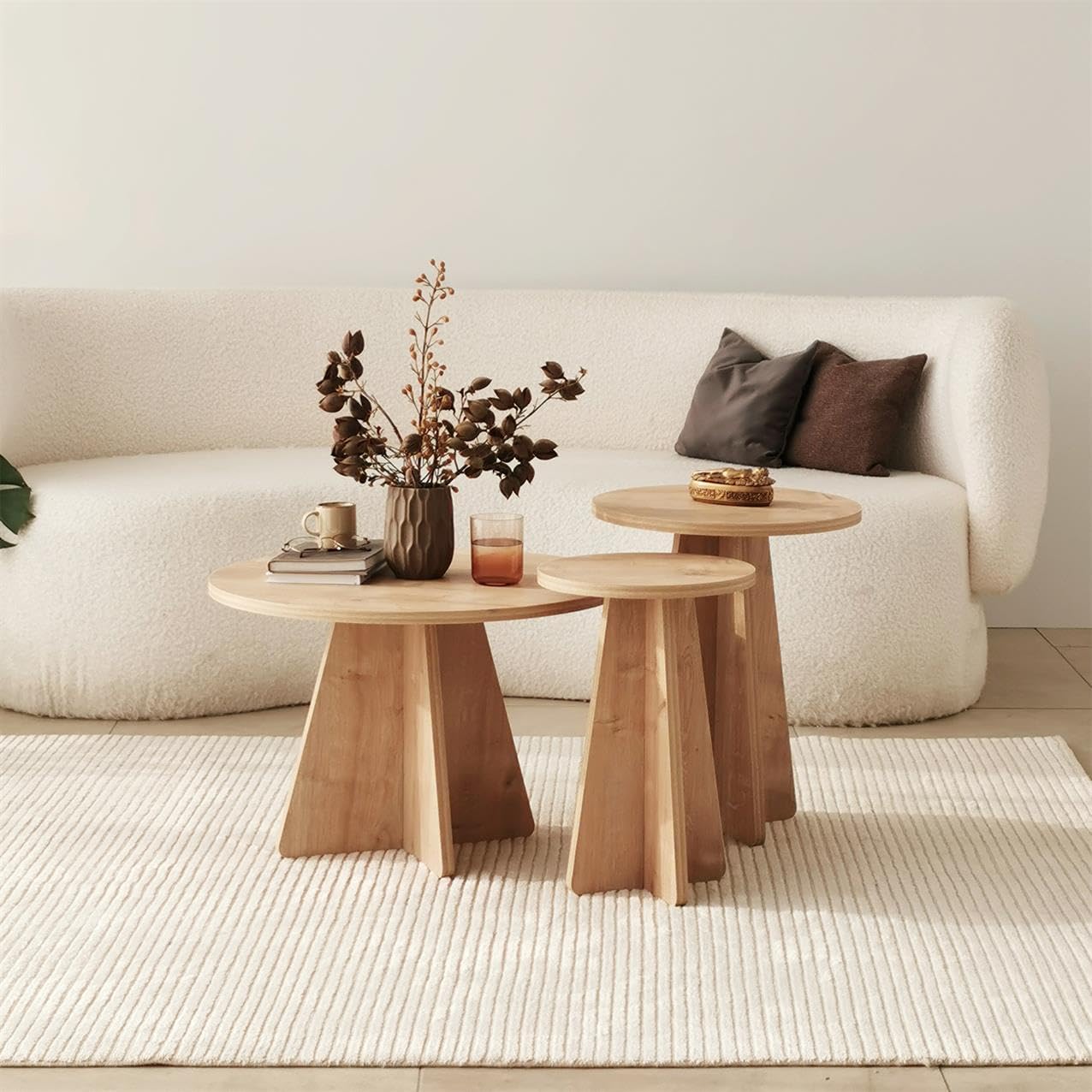 Modern Round Side Table, Nesting Wooden Coffee Tables, Oak Coated Chipboard Wood End Table, Mid Century Set of 2/3 Living Room Mushroom Tables (Set of 3)