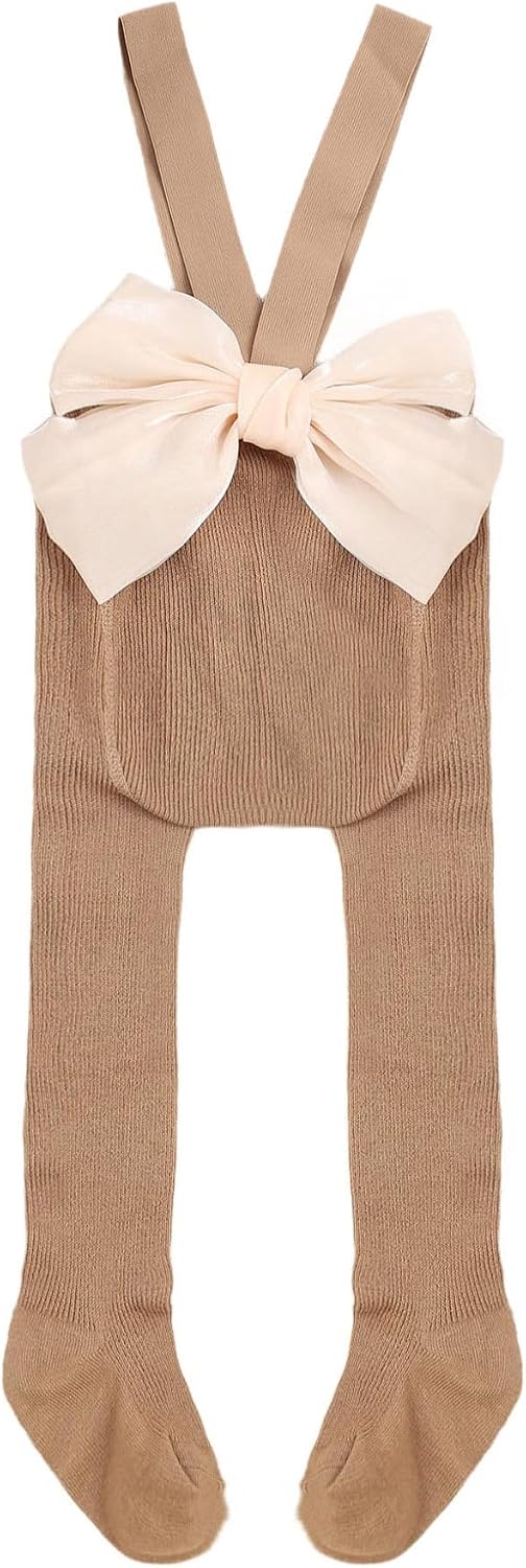 Infant Baby Bow Knot Ribbed Leggings with Suspender Pants Girls High Waist Tights Pantyhose Stockings