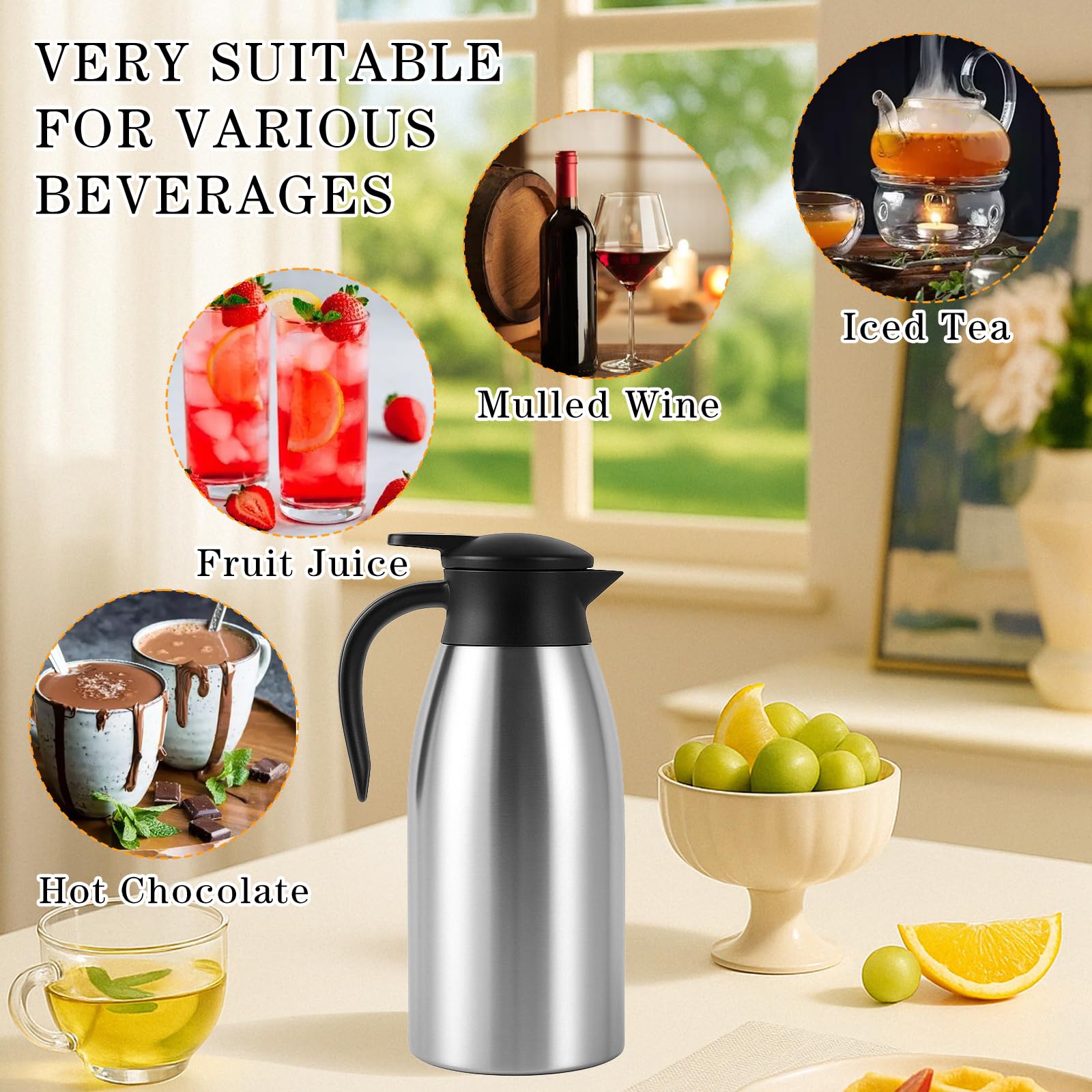 2 jarras térmicas de café de acero inoxidable aisladas de 68 onzas para líquido, dispensador de termo de café aislado de doble pared con cepillos para café y té, mantiene 12 horas calientes 24 horas