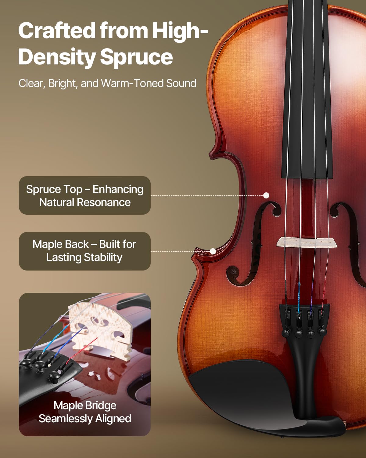 VEVOR Set di Violini da 355 mm Set Completo per Violino in Legno Massello, Misura Standard, con Custodia Rigida, Colofonia, Archetto, Spalliera, Ponticello, Corde Extra, Marrone Lucido
