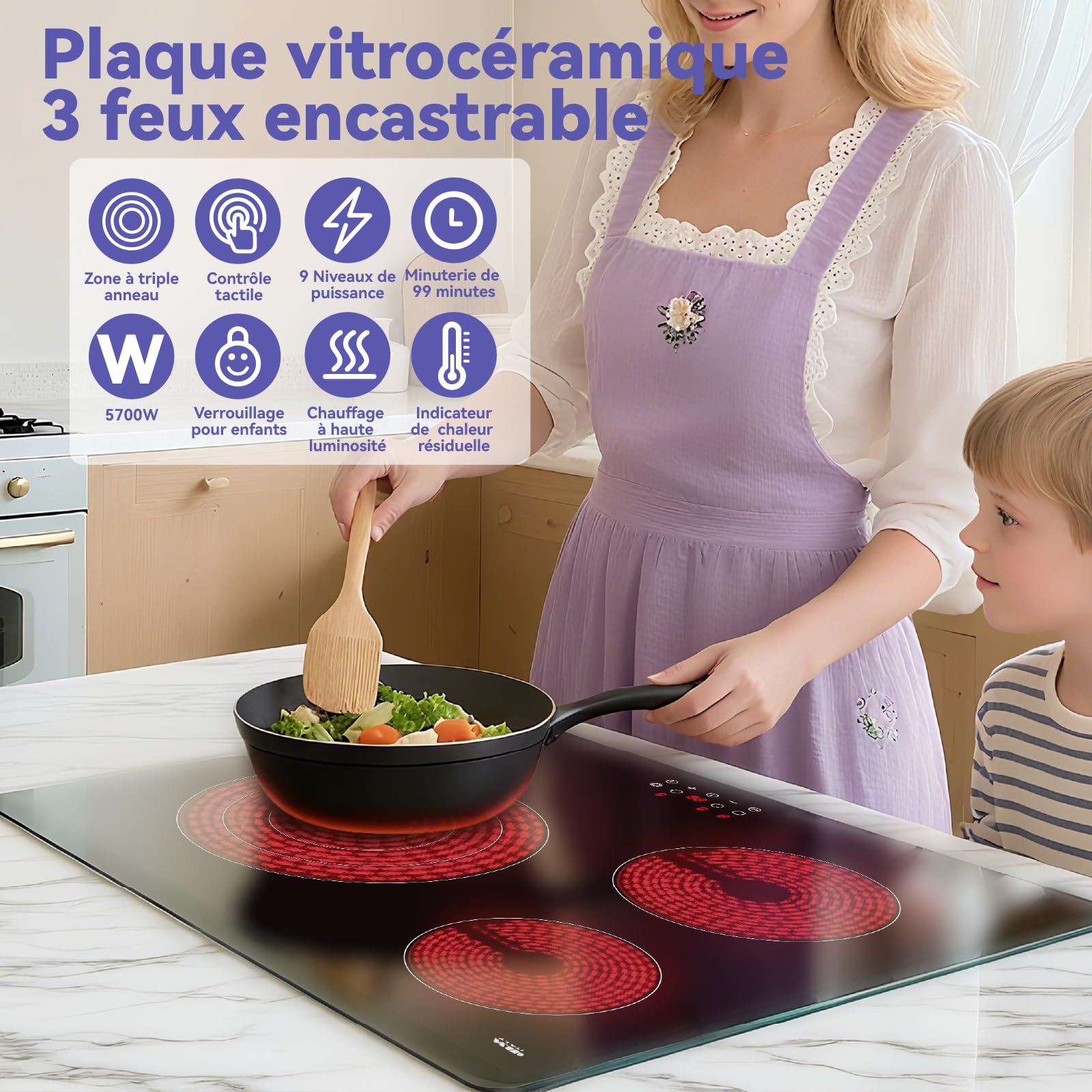 STARCHARTS Piano Cottura Vetroceramica 3 Fuochi 59 cm 5700 W 3 Anelli ILVA. | Incasso, blocco bimbi, 9 livelli, triplo anello, vetro ILVA, facile pulizia, calore residuo, spegnimento auto, 59 cm, 5700 W.