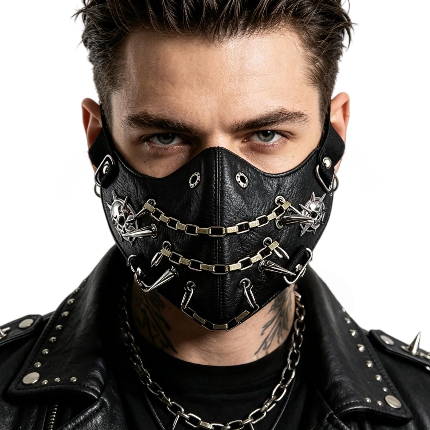 RUIXIA Steampunk Faux Leather Half Face Mask with Skull/Chain Studded PU Leather Gothic Spike Rivet Black Punk Mask with Adjustable Elastic Strap for Cosplay Halloween Costume Rave Party