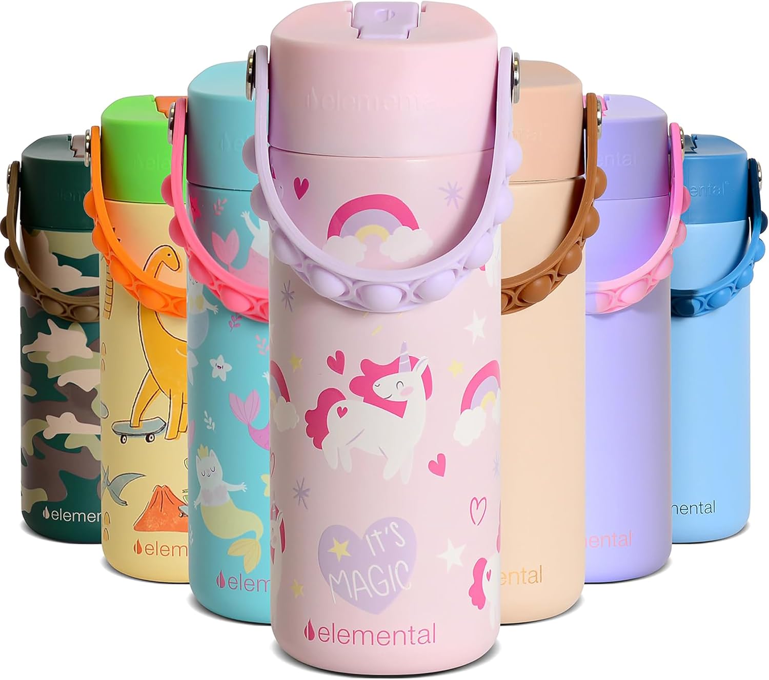 Elemental Insulated Kids Water Bottle, Stainless Steel Water Bottle with Straw Lid & Pop-It Handle, Leak-Proof Water Bottles for School, Boys or Girls, Travelling and Sports, 18oz – Unicorn Magic