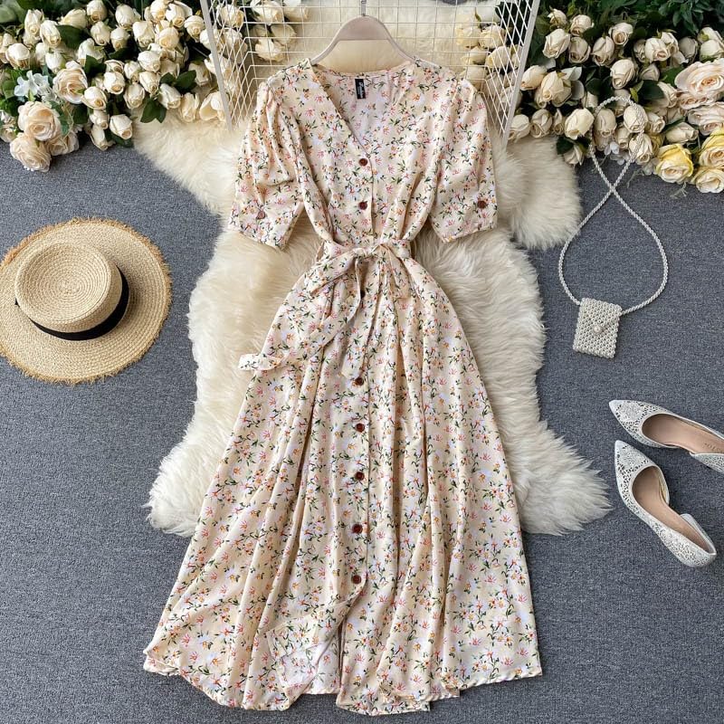 Gufrina Dresses For Women Half Sleeve || Floral Print || V-Neck And Puff Sleeves || Front Open Button & Tie-Up || Midi Dress (Beige Xl)