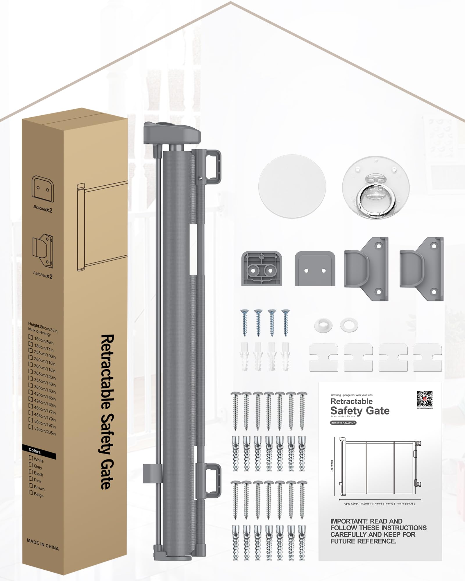 HOMGEN Cancello per Scale Retrattile Durevole Cancello Retrattile per Bambini 180cm con manopole Facile da Installare Cancello Retrattile per Cani Alto 86cm Cancello Retrattile Antistrappo -Grigio