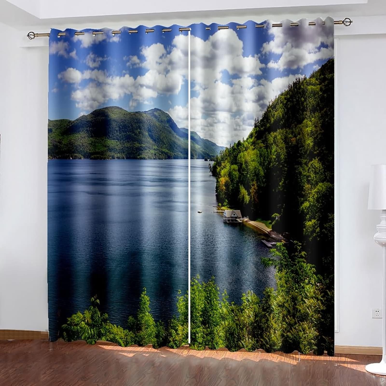 Zasłona okienna wewnętrzna, zasłona zaciemniająca kuchnia niebieski zielony las krajobraz górski i jezioro poliester zestaw 2 szt. 192 x 183 cm