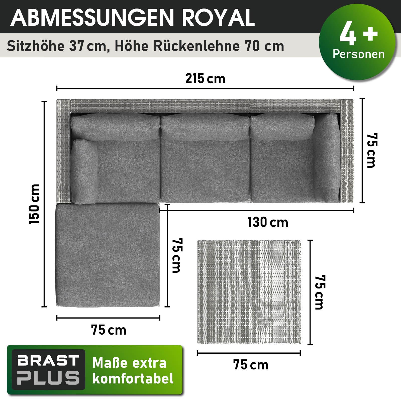 BRAST Gartenmöbel Lounge Set | 4-5 Personen viele Modelle & Farben | inkl. extra Dicke Kissen | Outdoor Loungemöbel Sitzgruppe Essgruppe Garnitur | Royal Grau