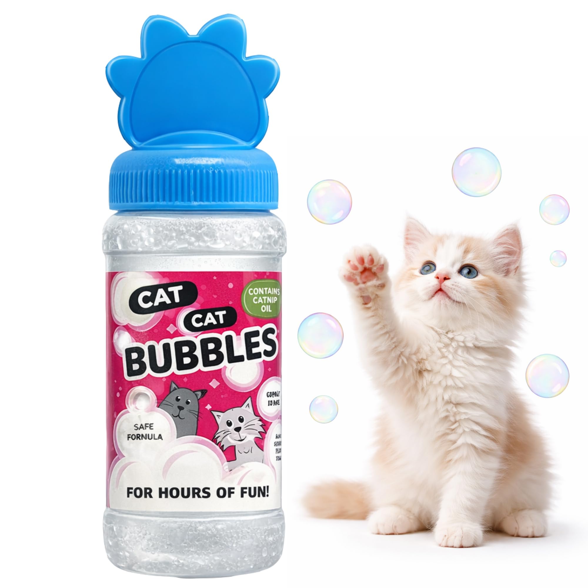 Pet Guru Bolle per gatti con olio di erba gatta, giocattolo sicuro e atossico per gatti, 120 ml, con bacchetta per bolle inclusa, tappo a forma di zampa (2)