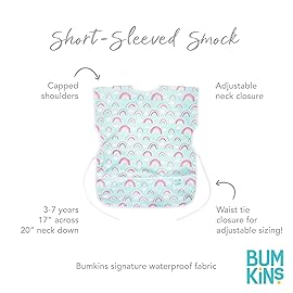 Bumkins Short Sleeve Smock, Toddler Reusable Waterproof Bib for Girls and Boys Ages 3-7 Years, Junior Childrens, Kids Paint Apron, Arts, Crafts and Play with Pocket, Soft Fabric, Rainbows Blue