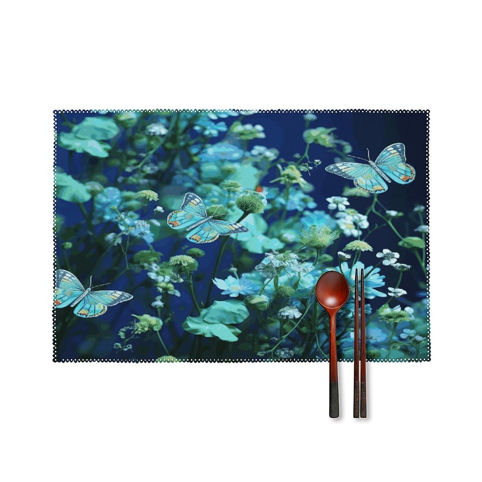 Fekiloot Style Green Butterfly And Blue Flowers Placemats Set Of 6,Table Mat