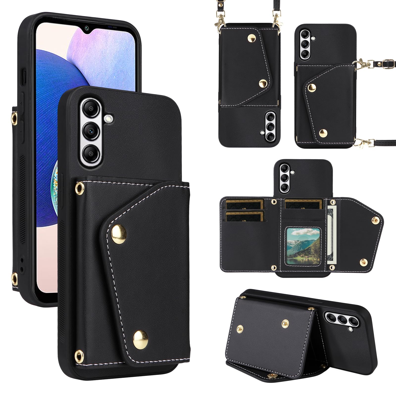 Dibosom Luxury Wallet Case for Samsung Galaxy S23 FE 5G with 5 Card Slots Thin Slim Flip Purse & Shoulder Strap,Credit Card Holder Stand Accessories