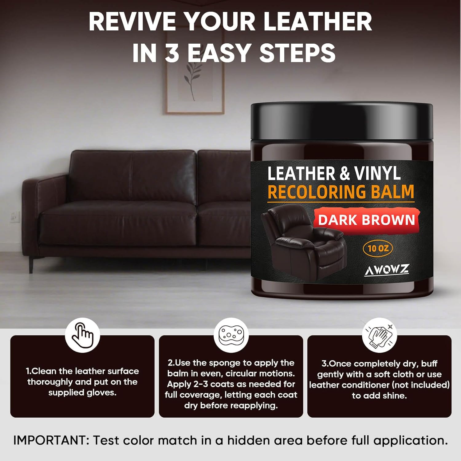 Leather Recoloring Balm - Scratch Repair & Color Restore Kit for Faded Leather, Leather Couch & Car Seats - 10OZ Leather Restorer Balm for Furniture, Auto Interior, Vinyl, Accessories (Dark Brown) - Image 5