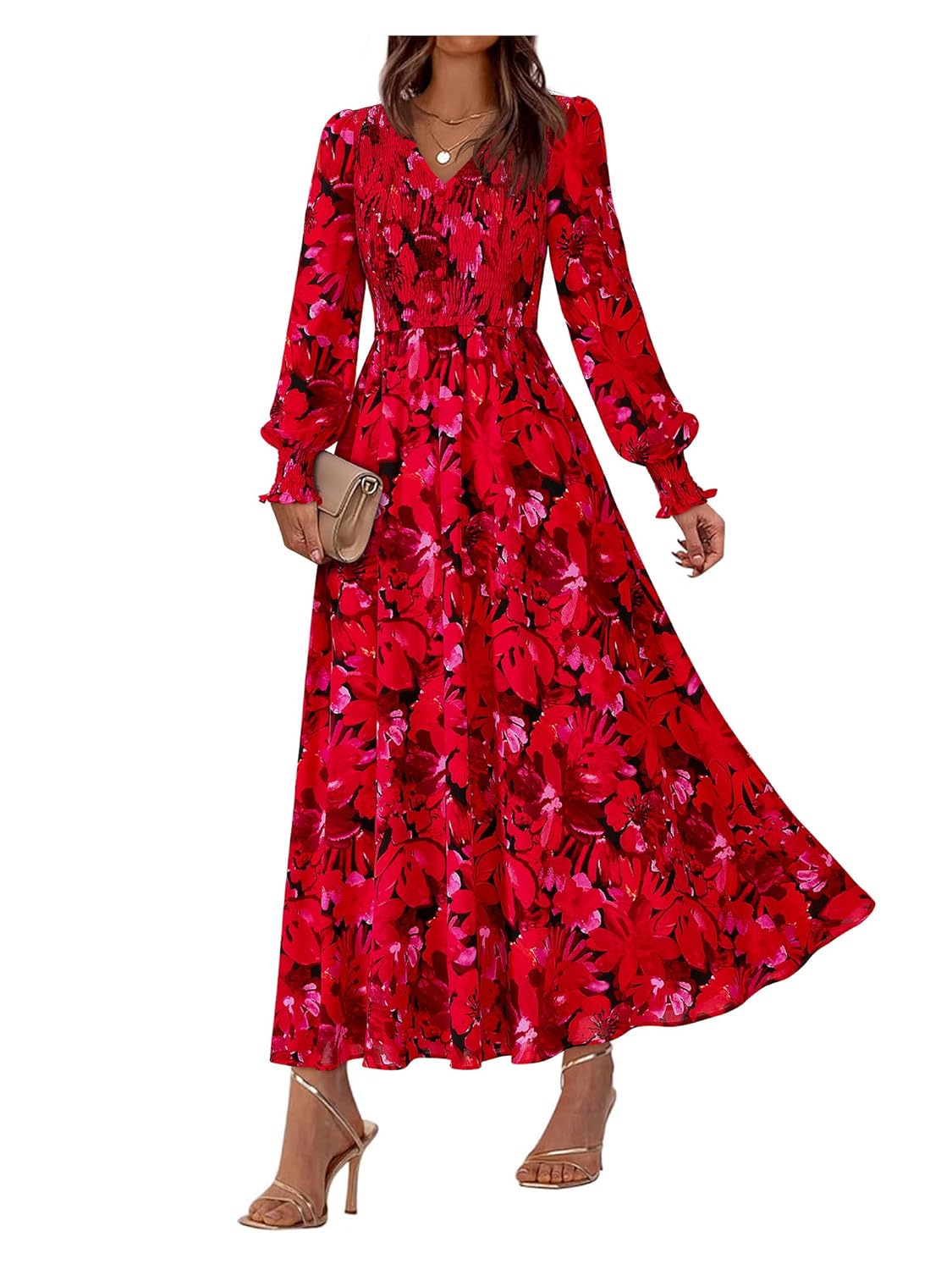 BTFBM Women Fall Wedding Guest Maxi Dresses 2025 Floral V Neck Long Sleeve Boho Long Dress Vacation