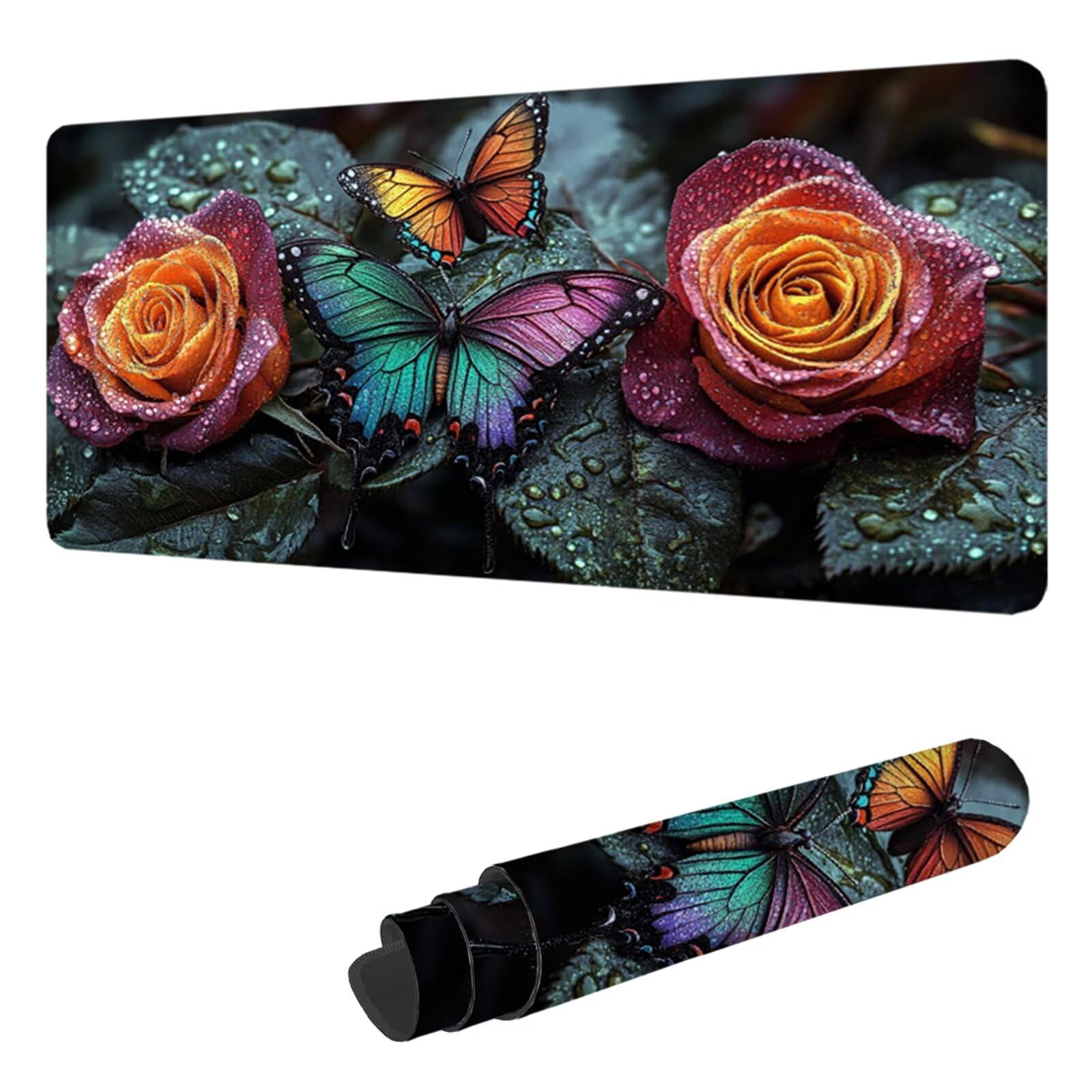 Różowa podkładka pod mysz XXL 1000 x 500 mm duża podkładka pod mysz dla graczy motyl pod ręką biurko szyte krawędzie wodoodporna antypoślizgowa, do komputera, laptopa poprawia dokładność i szybkość H