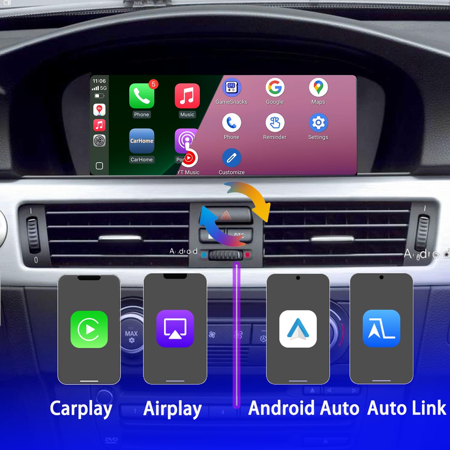 Schermo LCD da 8,8 pollici per BMW (2005-2010) E60 E90 CCC, con retrofit CarPlay cablata e wireless, display Android Auto, connettività specchietto retrovisore, autoradio, bluetoot