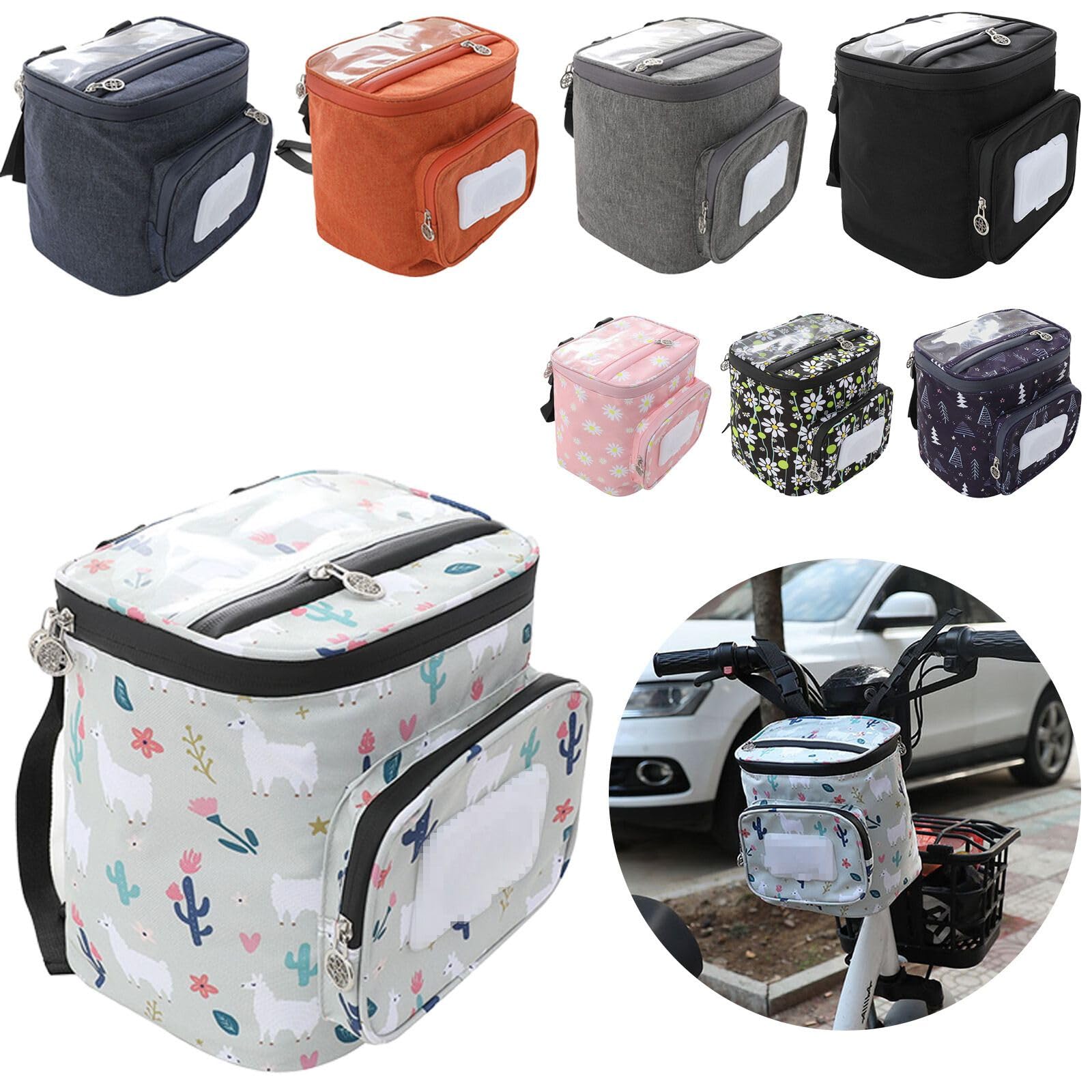 Boxonly Electric Scooter Handlebar Storage Bag - Waterproof with Adjustable Straps, White Sheep Pattern, 8.3"x7.5" / 21x19 cm