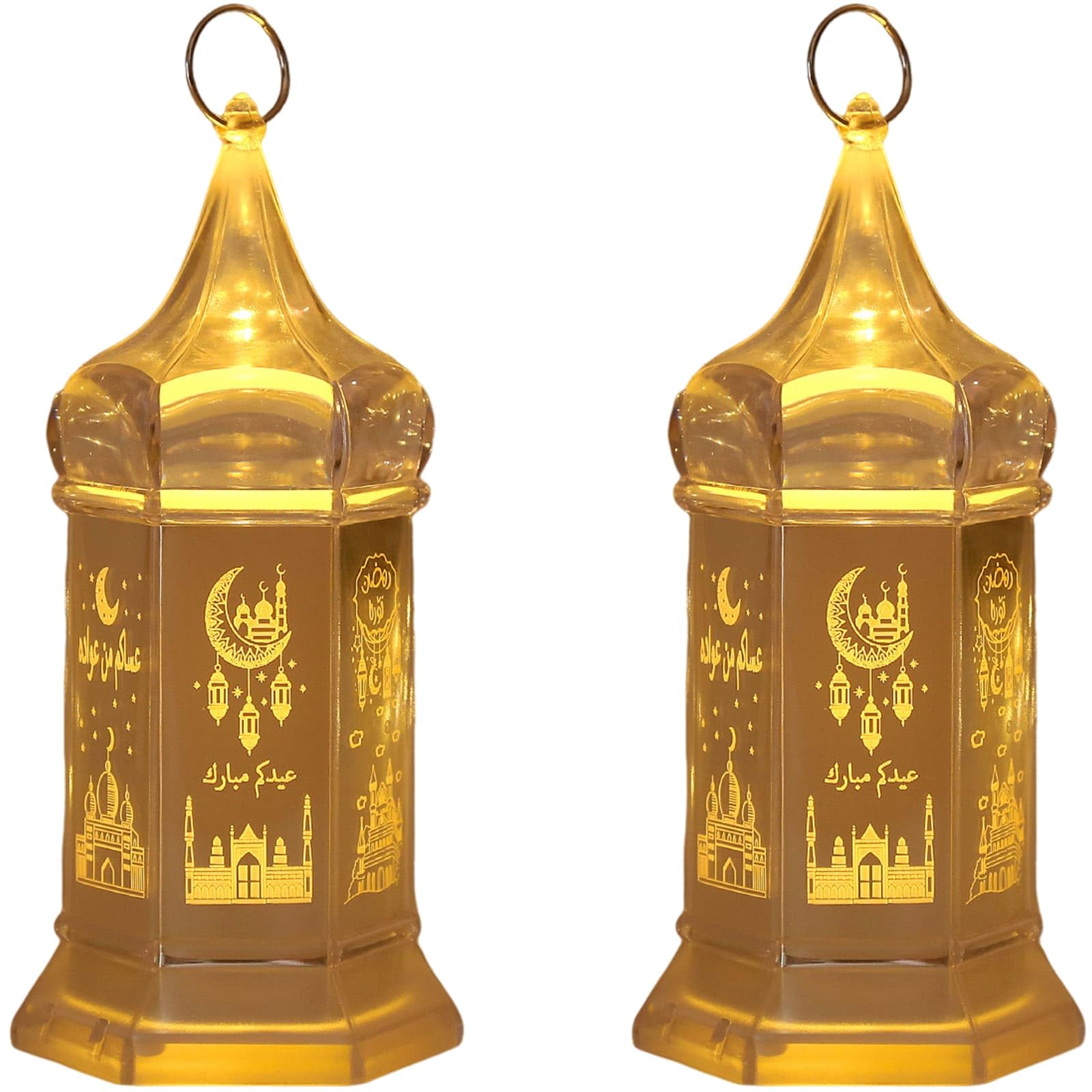 2 Pack Ramadan LED Mosque Lantern - Clear Islamic Dome Light with Arabic Calligraphy & Moon Design, Battery Operated Table Lamps Set for Muslim Home Decor, Eid Gifts & Festival Decoration(Silver)