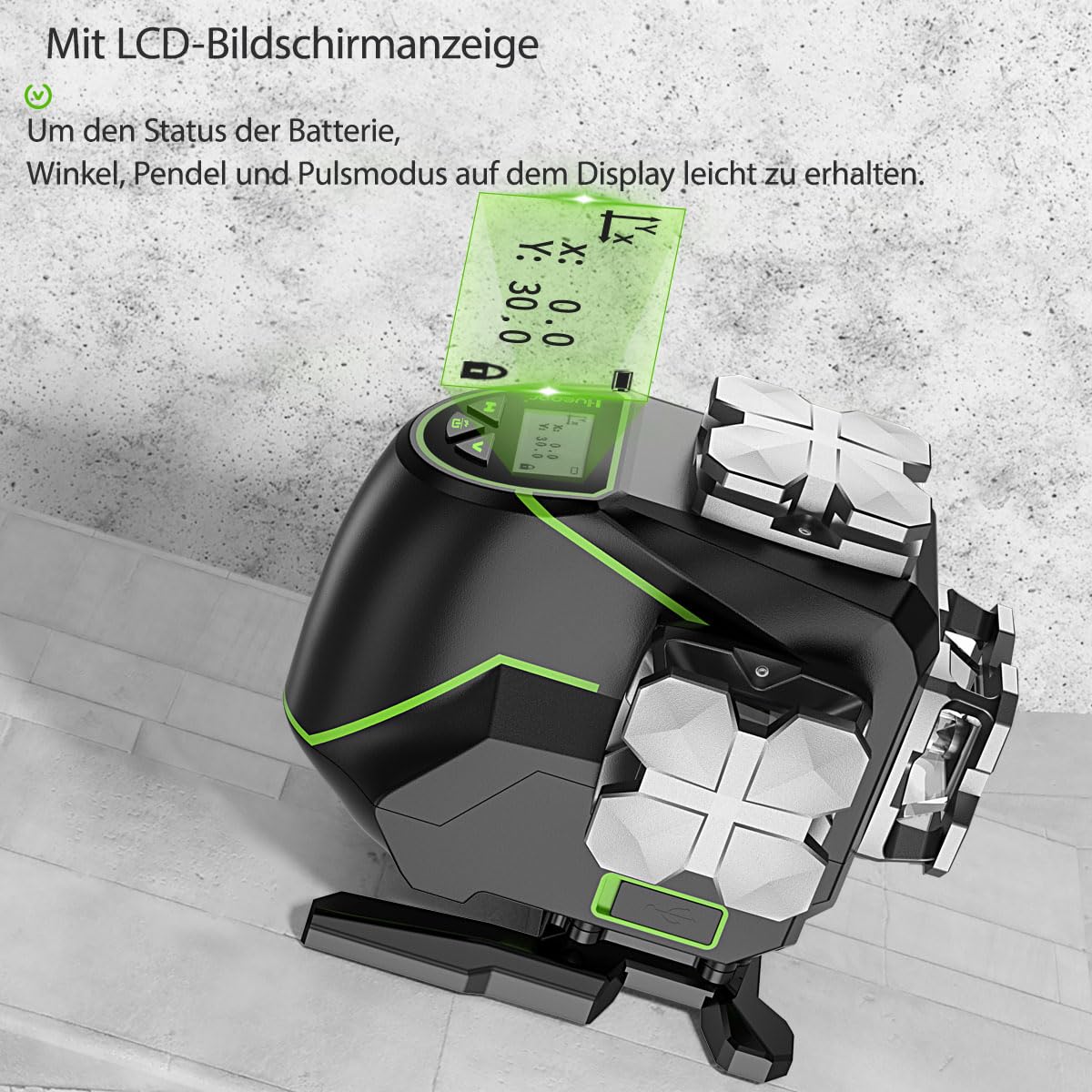 Huepar 16 Linien-selbstnivellierendes Laserniveau 4 x 360 ° mit LCD-Bildschirm, 4D Bluetooth Grüner Strahl Laserwerkzeug, Horizontal/Vertikal Laser -Fernbedienung & Hartschalenkoffer S04CG-C