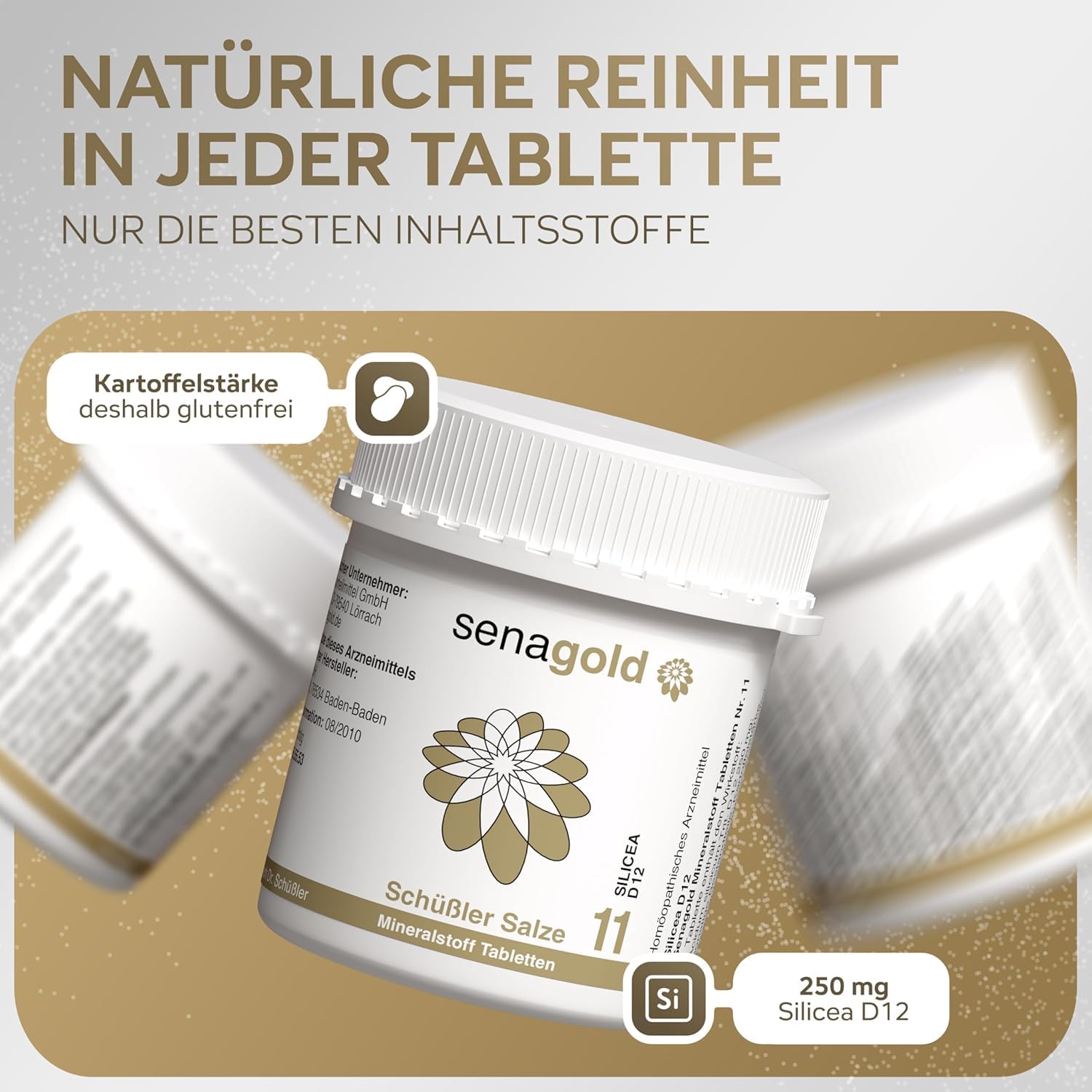 Senagold Schüssler Salze Nr. 11 – Silicea D12 – 3x400 Tabletten – Das Salz der Haare, der Haut und des Bindegewebes – gluten- & alkoholfrei – hergestellt nach Homöopathischem Arzneibuch in Deutschland