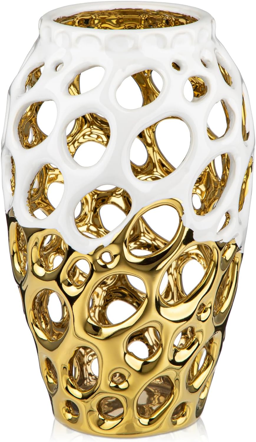 White and Gold Vases for Centerpieces, Openwork Ceramic Flower Vase 8.7" Hollowed Decorative Pampas Grass Vase Gold Table Decor for Home Living Room Dinner Room Bedroom Office Wedding