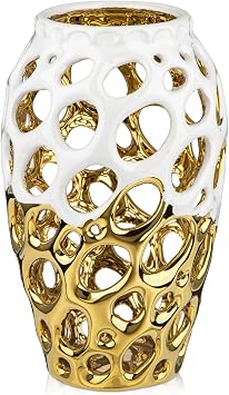 White and Gold Vases for Centerpieces, Openwork Ceramic Flower Vase 8.7" Hollowed Decorative Pampas Grass Vase Gold Table Decor for Home Living Room Dinner Room Bedroom Office Wedding
