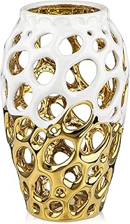 White and Gold Vases for Centerpieces, Openwork Ceramic Flower Vase 8.7