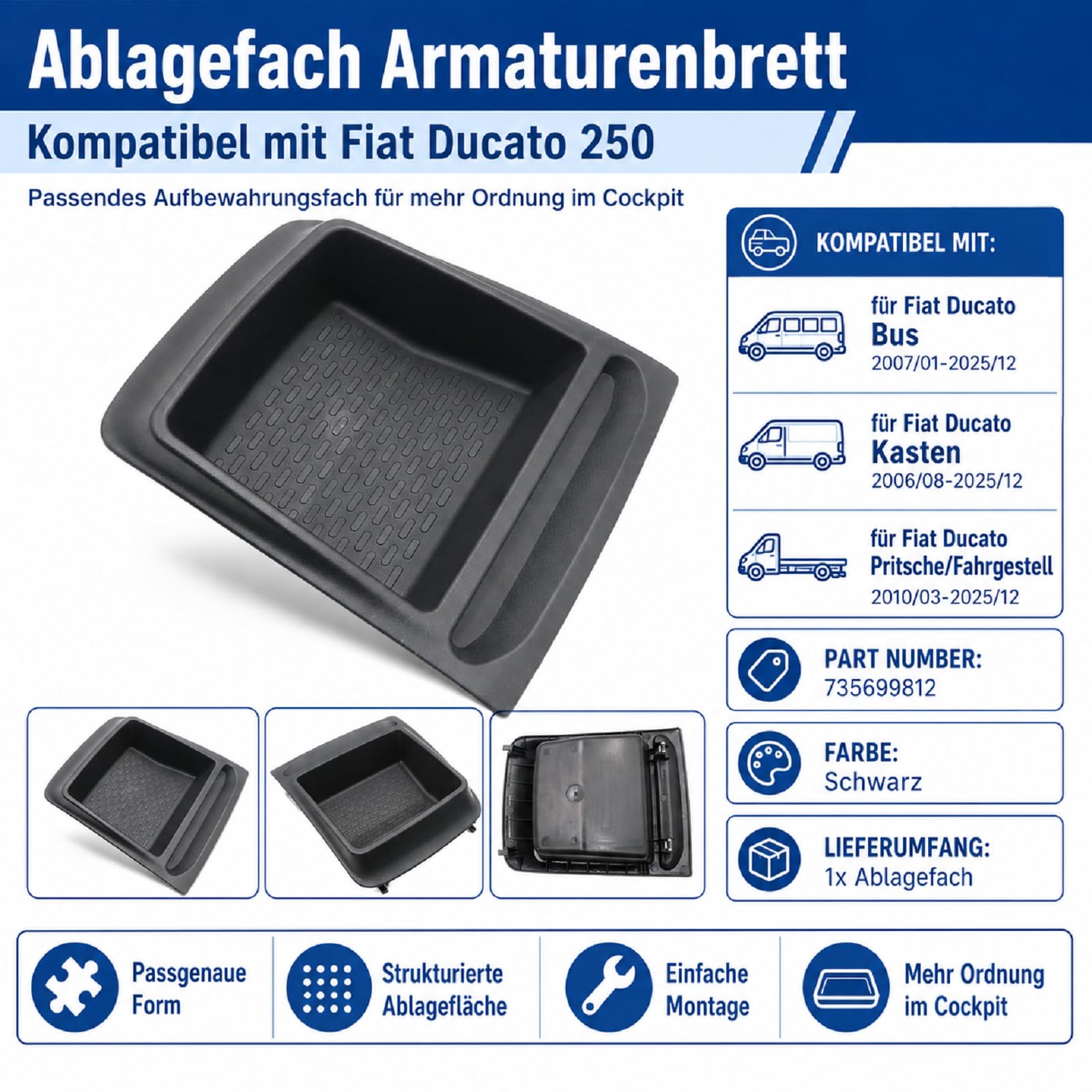 Ablagefach Ablage Armaturenbrett Kompatibel Mit FIAT Ducato Bus Kasten 250 2006-2025 Aufbewahrungsboxmatten 735699812