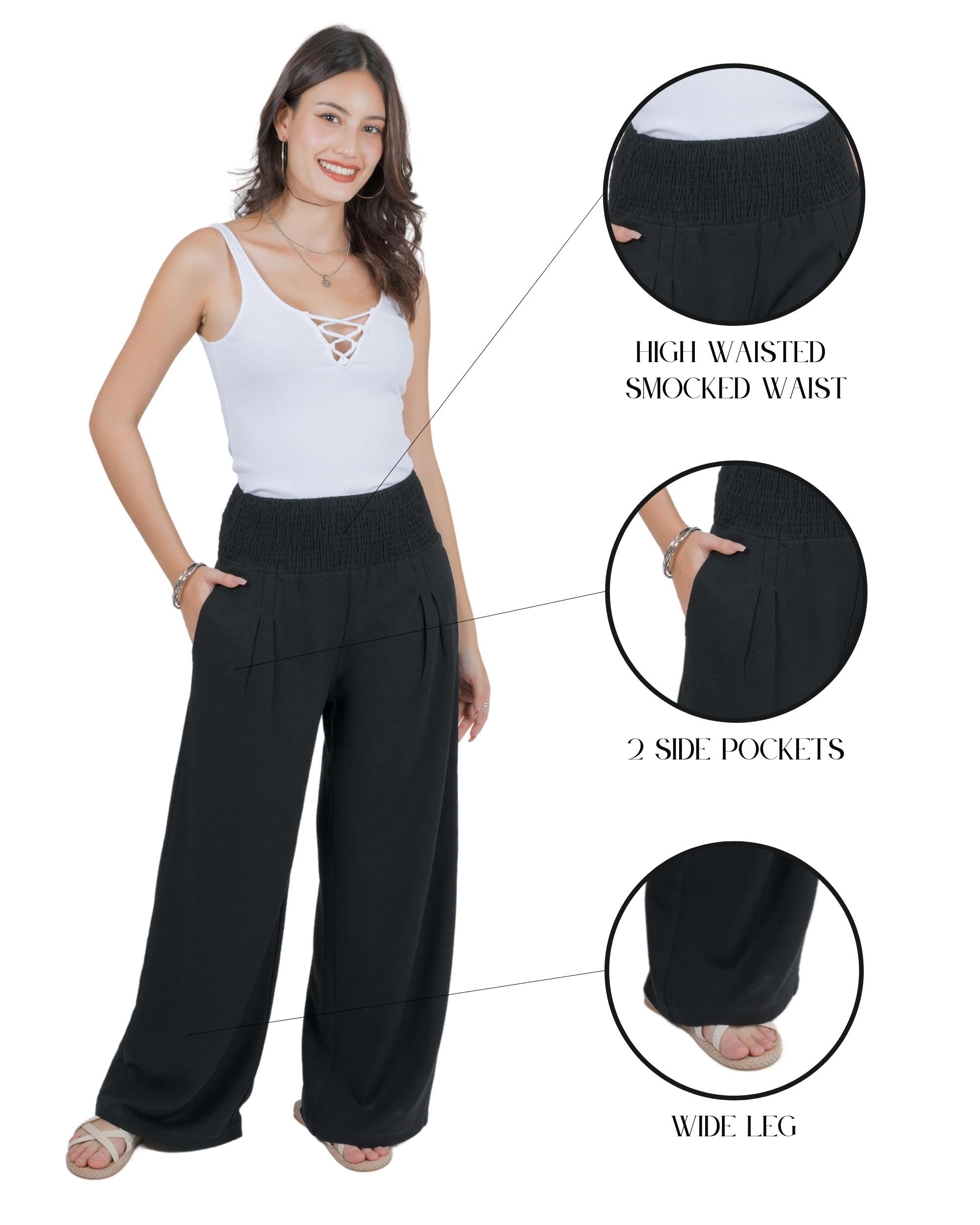 Lofbaz Damen Leinen Palazzo Weite Beinhose Luftig Lounge Freizeit Hohe Taille Sommer Strand Boho Lange Hose mit Taschen