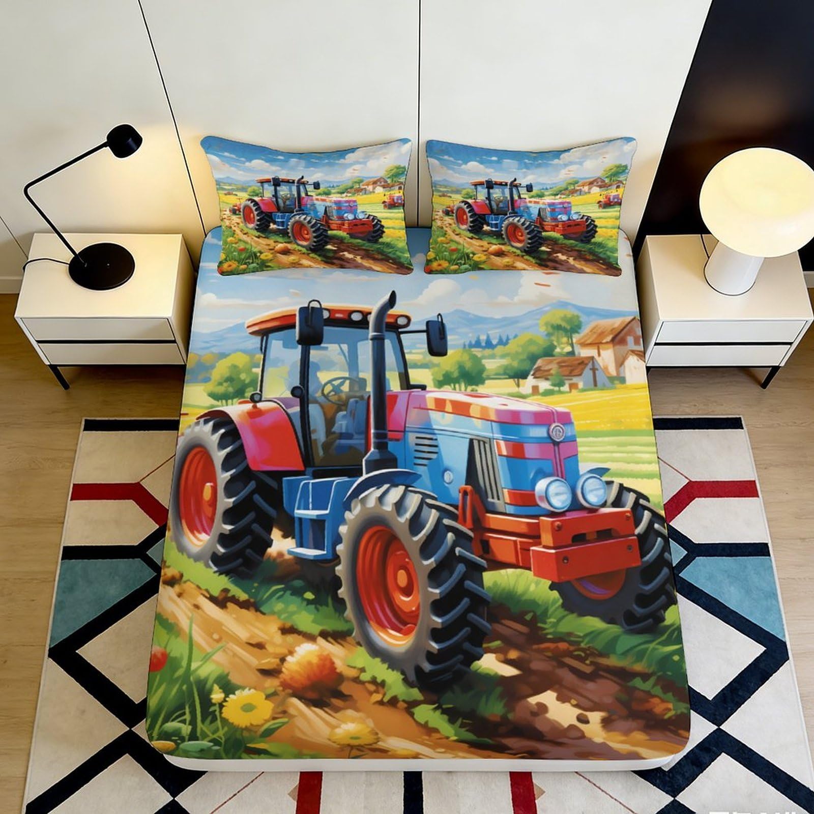 3D Printed Tractor Farm Landscape Fitted Sheet Microfiber Soft Anti-Slip Bed Cover for Bedroom Guest Room Decor 200x200x25cm