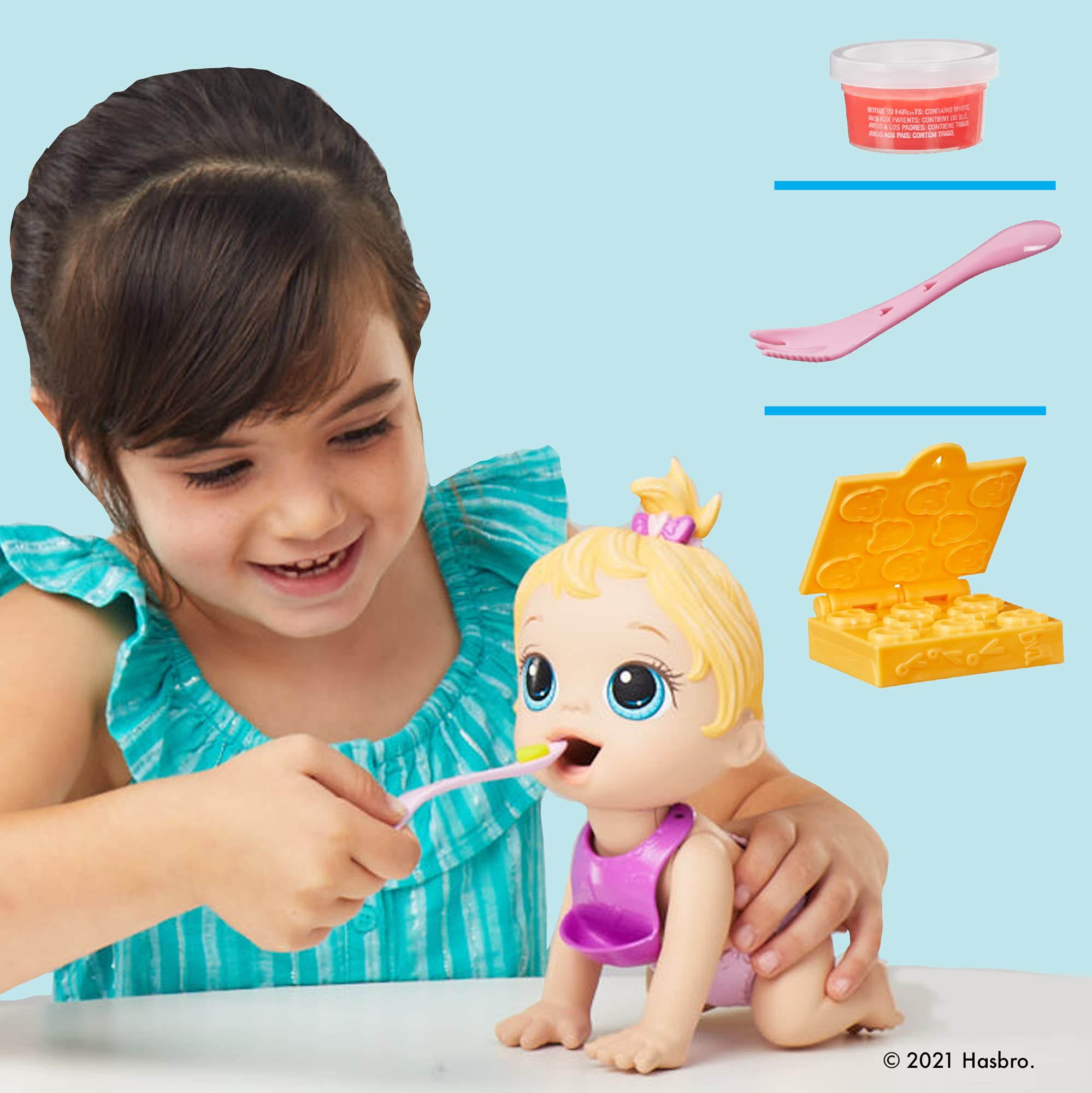 Baby Alive Lil Snacks Puppe, Eats and Poops, Snack-Thema, 20,3 cm, Baby-Puppe, Snackbox-Form, Spielzeug für Kinder ab 3 Jahren, Blondes Haar