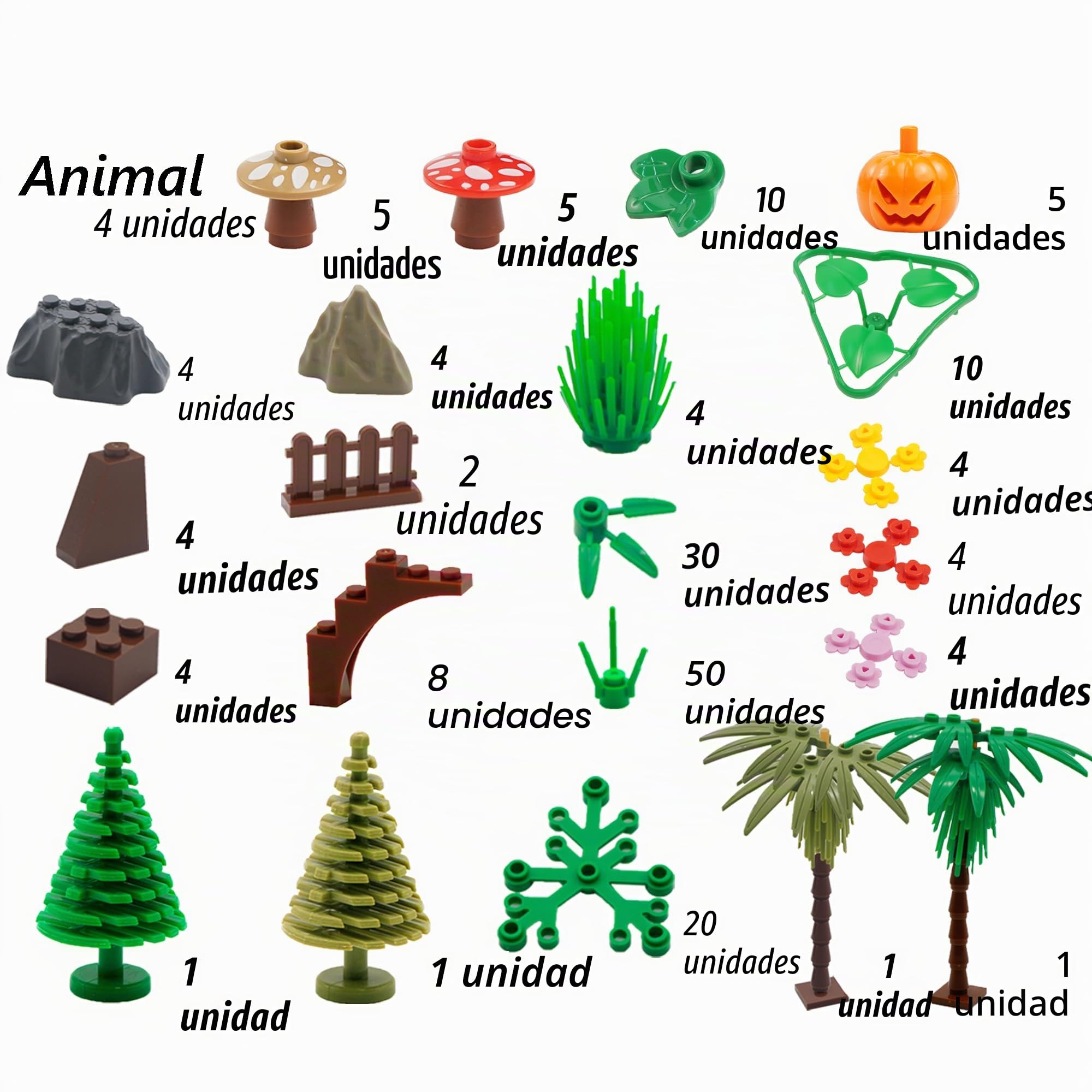 Set de Construcción, Accesorios de Jardín/Selva/Botánico/Bosque/Granja, Jueguete Ladrillos de Flores/Plantas/Hierba/Árbol/Animales, Juguetes para Niños y Adultos