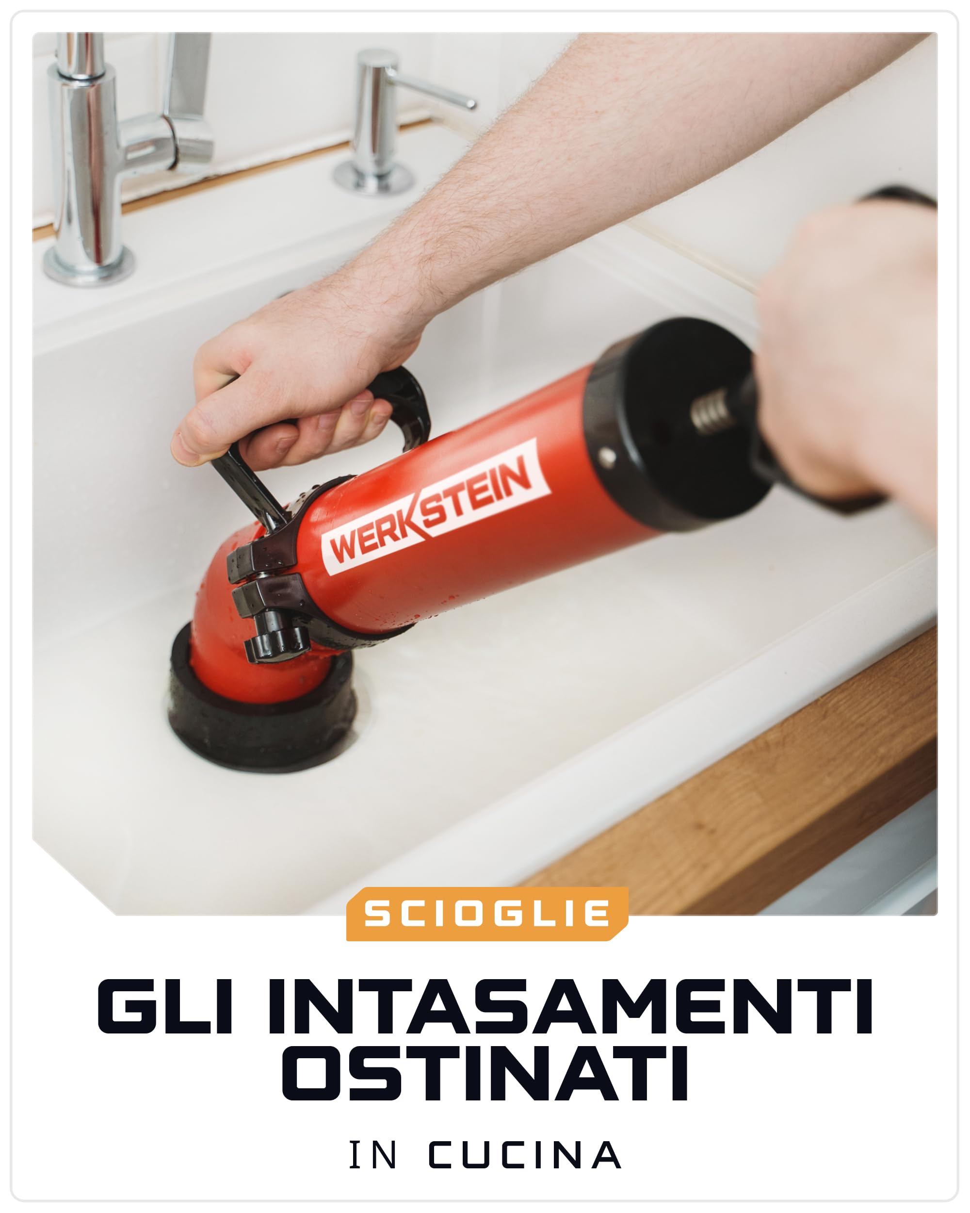 WERKSTEIN Sturascarici ad alta pressione I Stura lavandini e scarichi professionale I Pompa sturalavandini e scarici di alta qualità I per una pulizia rapida ed efficace dei tubi I Incl. 2 adattatori