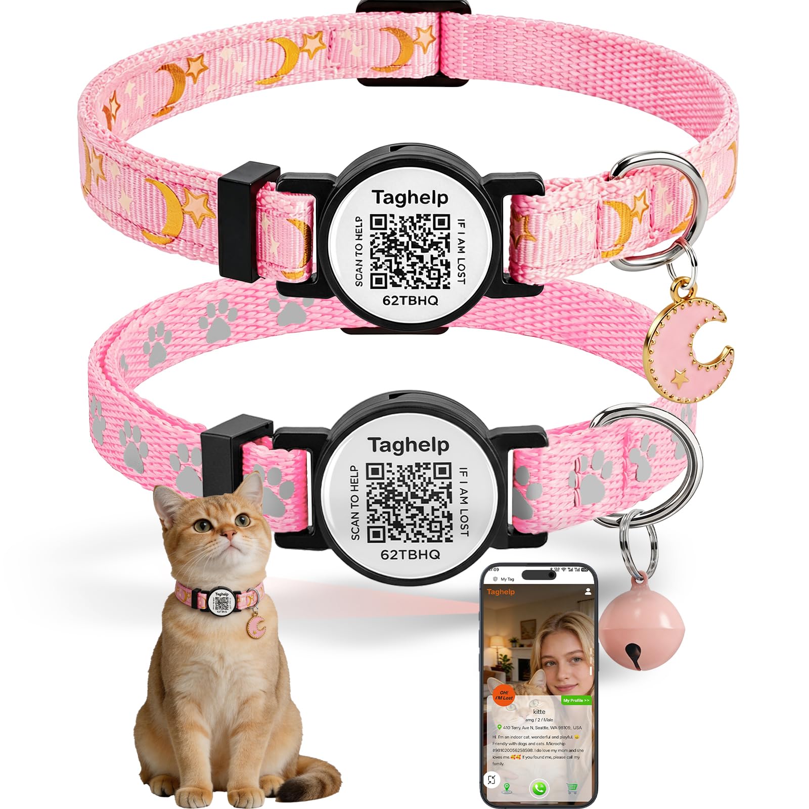 Reflektierendes Katzenhalsband mit Mond und Stern, mit QR-Code, Smart-ID-Tag und Glocken, 2 Stück, für Mädchen und Jungen, verstellbar, 19,1 - 32,5 cm, keine App, Rosa