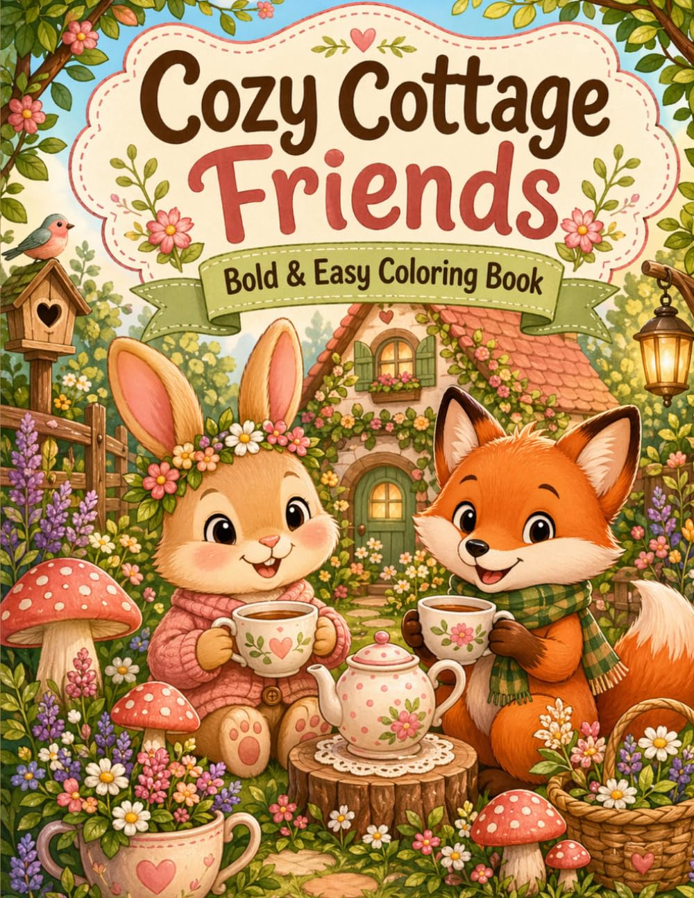 Cozy Cottage Friends: Bold and Easy Coloring Book for Adults and Teens: Cute Woodland Animals, Cottagecore Gardens, Mushrooms, Tea Time, and Relaxing Simple Designs