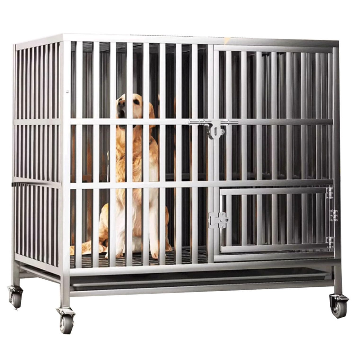 Jaula Perro Grande de Acero Inoxidable, Jaula para Perro Lujoso, con Ruedas Y Bandeja Extraible, para Perros Grandes Y Medios, Fácil de Mover(Size:XL(94X65X81cm))